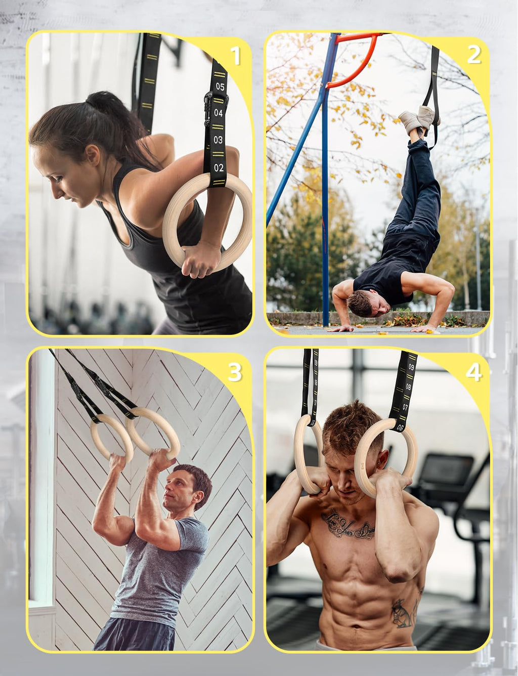 Ghb Gymnastic Rings Wooden Gym Rings 1.25'' Olympic Rings Adjustable Numbered Straps Pull Up Rings Sets For Workout Bodyweight F