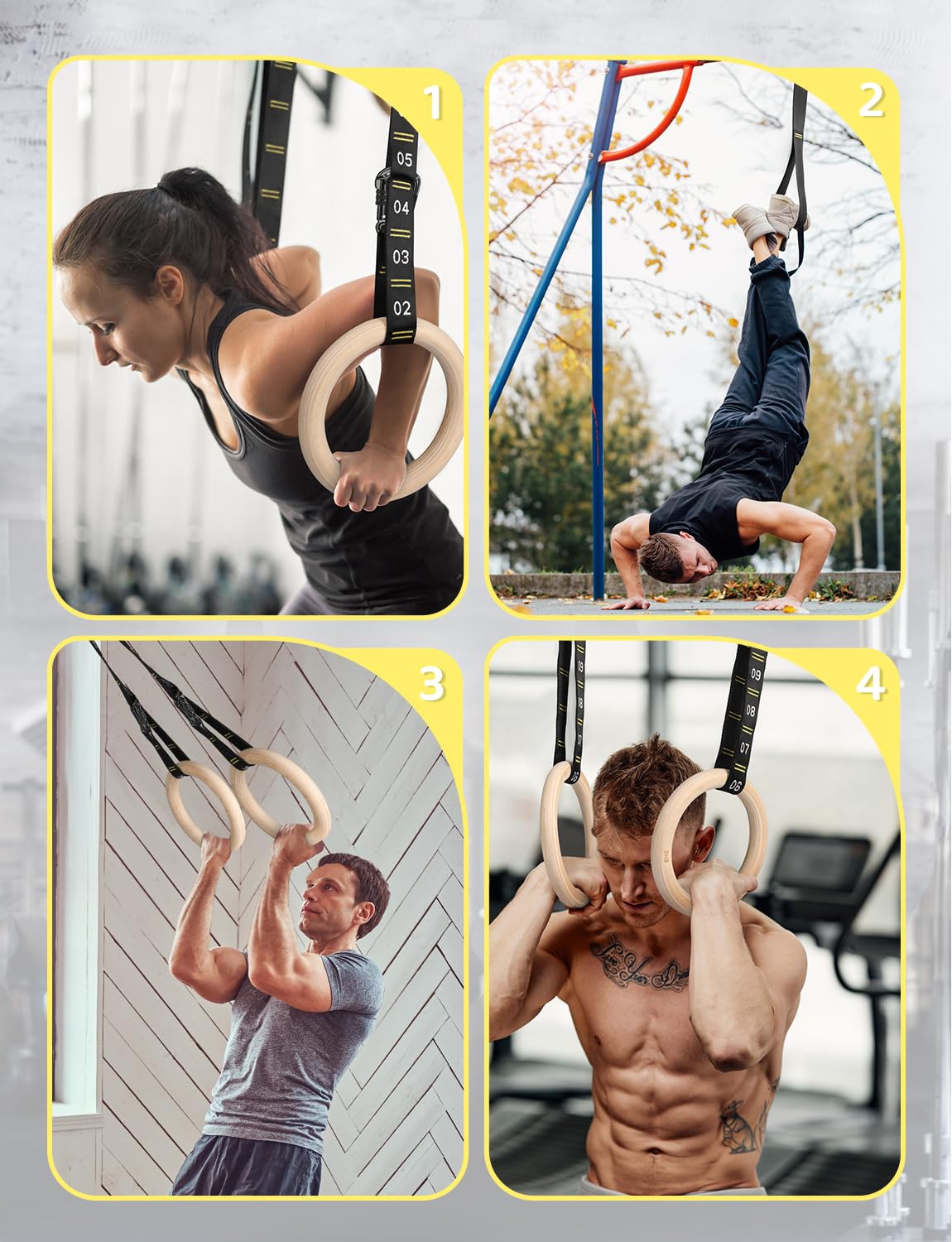 Ghb Gymnastic Rings Wooden Gym Rings 1.25'' Olympic Rings Adjustable Numbered Straps Pull Up Rings Sets For Workout Bodyweight F
