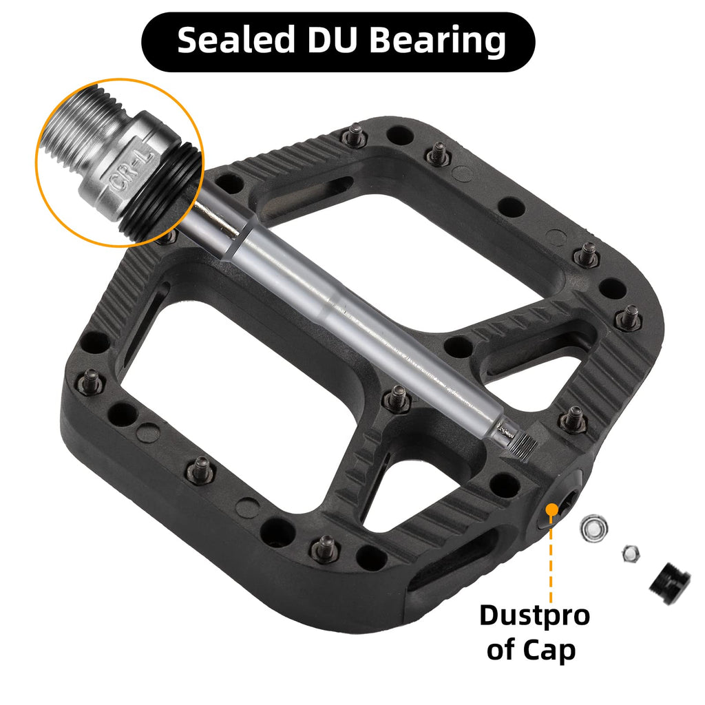 Rock Bros Mountain Bike Pedals Nylon Composite Bearing 9/16'' Mtb Bicycle Pedals With Wide Flat Platform Black