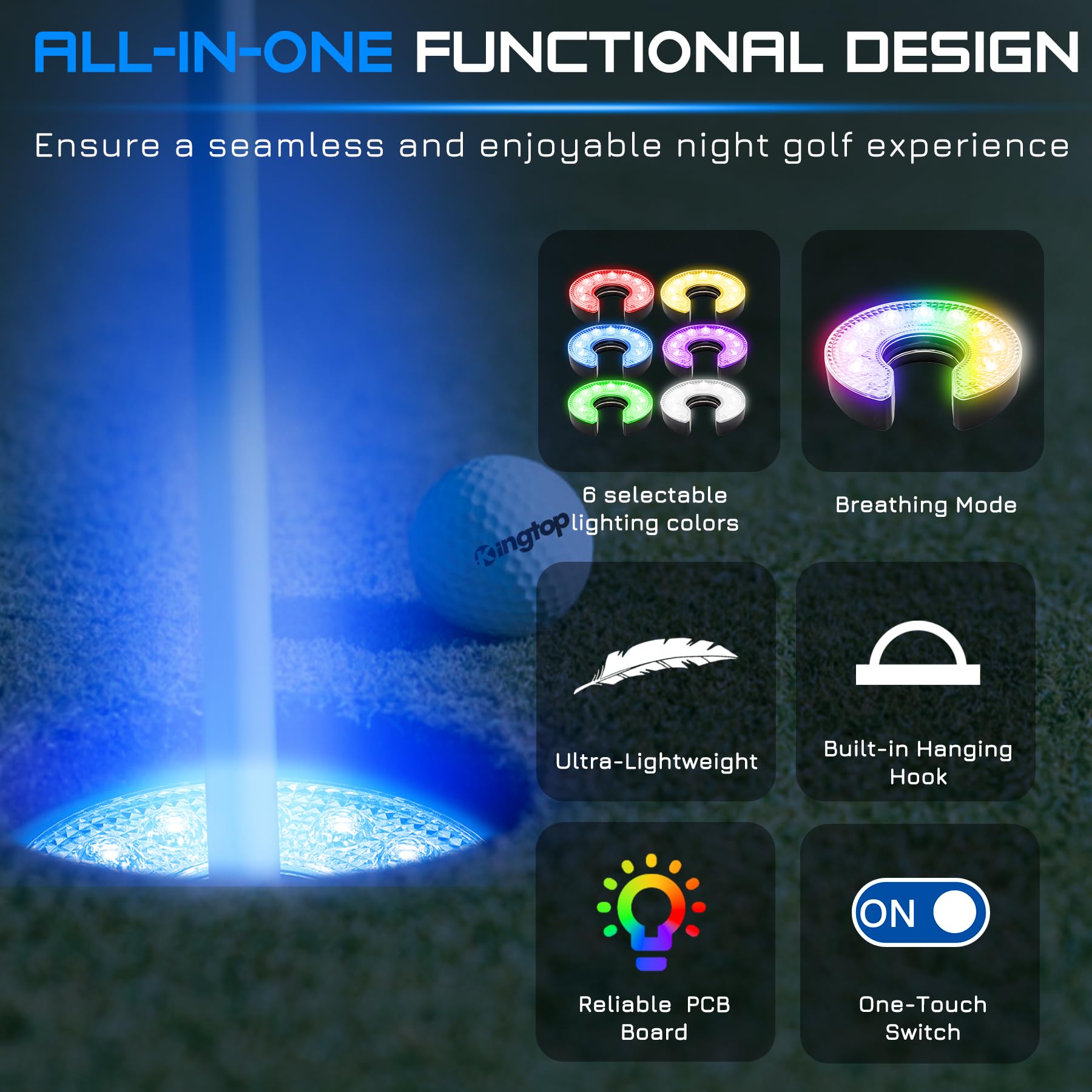 Kingtop Led Golf Hole Lights With Lens, Rgb Light Up Night Golf, Putting Green Cup Lights, Glowing In The Dark Lights For Golf H