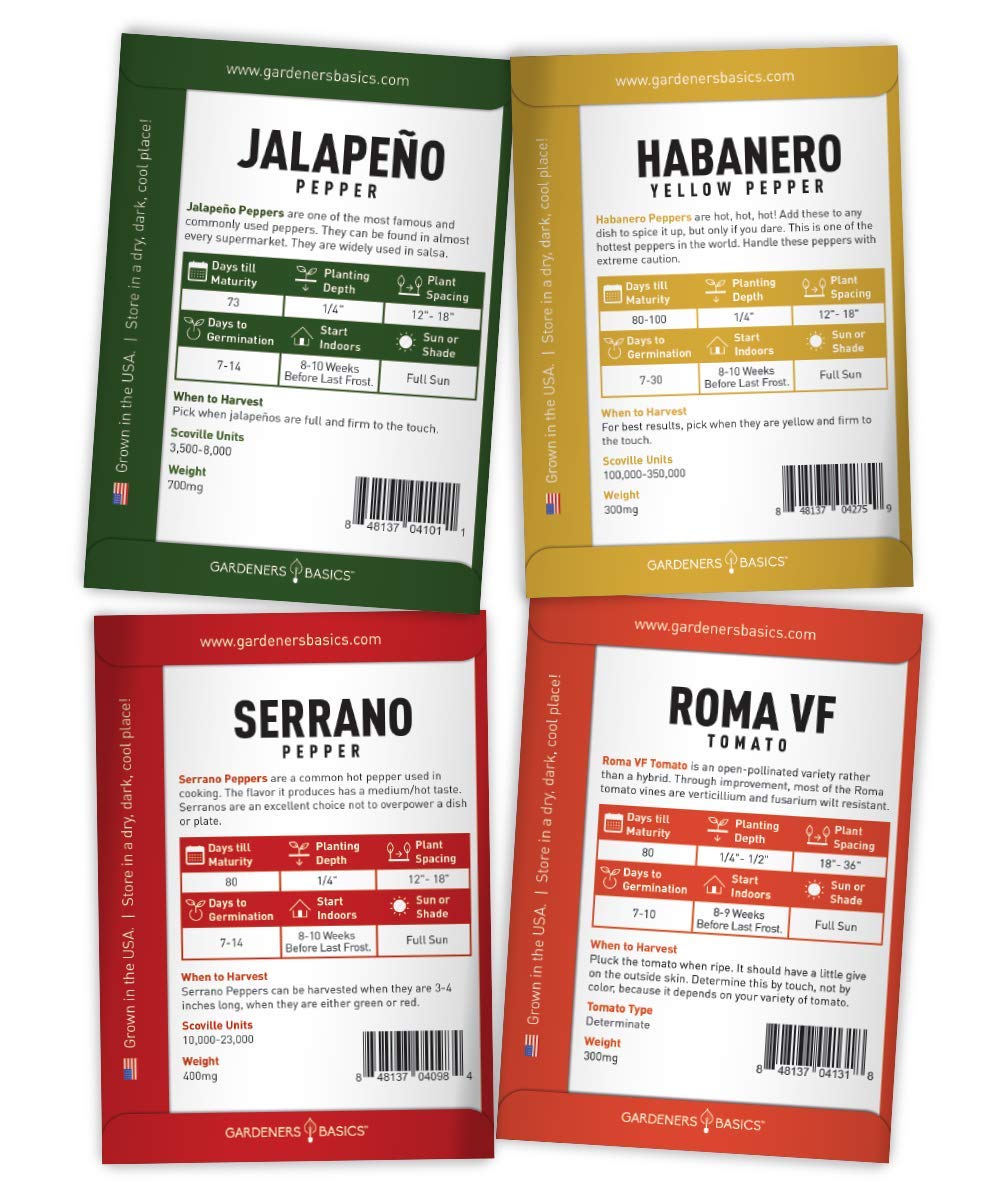 Heirloom Hot Salsa Growing Seed Packets 8 Varieties Habanero, Jalapeno, Serrano Peppers, Roma, San Marzano Tomato, Cilantro, Gre