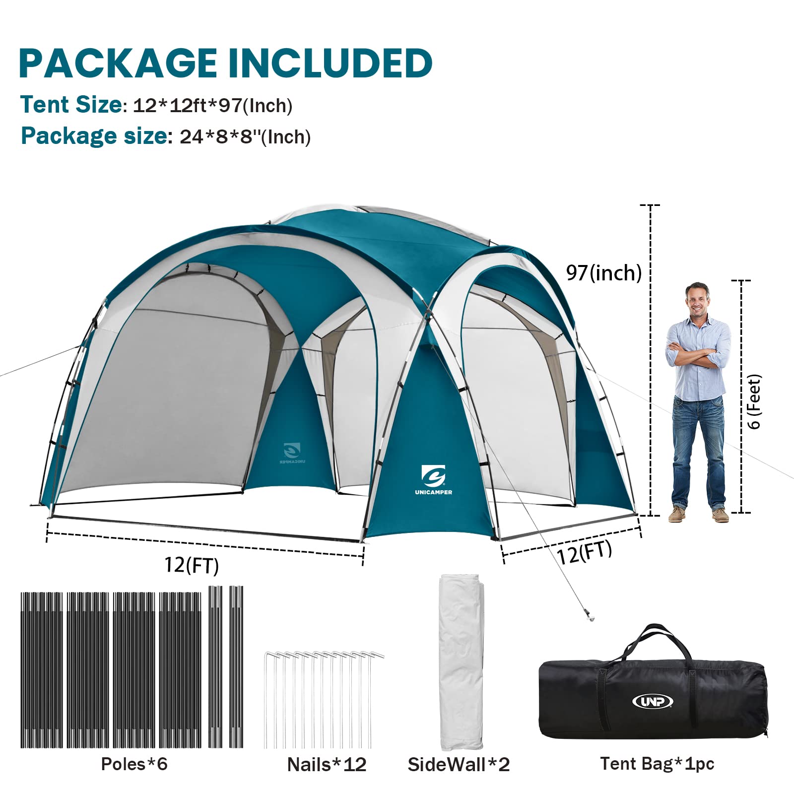 Unicamper Beach Tent 12 X 12Ft Large Upf50+ Pop Up Canopy With 2-Pcs Side Wall, Sun Shelter Rainproof, Waterproof For Camping Tr