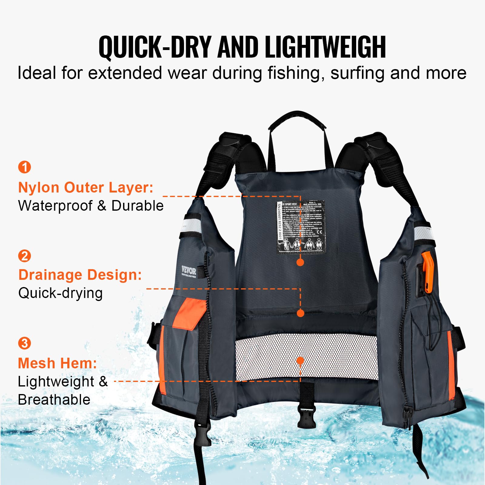 Vevor Life Vest For Watersports (Pfd), Life Jacket With Waterproof Nylon & 96N Buoyancy, Life Vest/Jacket For Any Water Activity