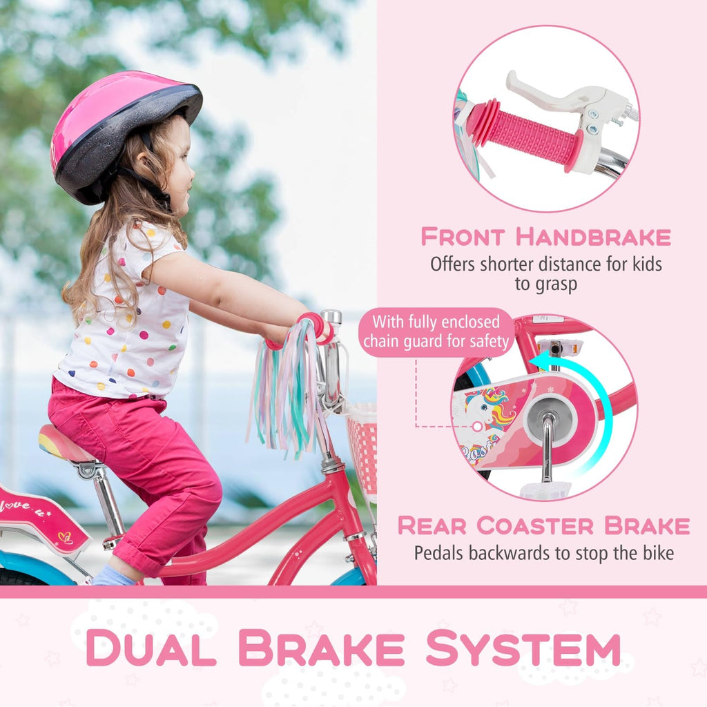 Baby Joy Kids Bike, 14 Inch Children Bicycle W/Basket, Doll Seat, Colorful Streamers, Training Wheels, Adjustable Seat & Handleb