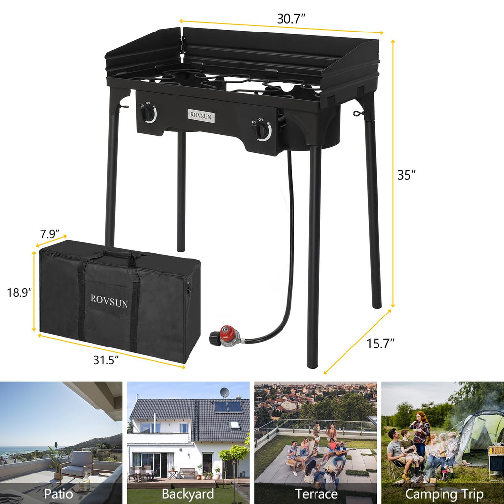 Rovsun 2 Burner Outdoor Propane Gas Stove With Windpanel, Carrying Bag & Regulator, 150,000 Btu Stand Cooker For Backyard Cookin
