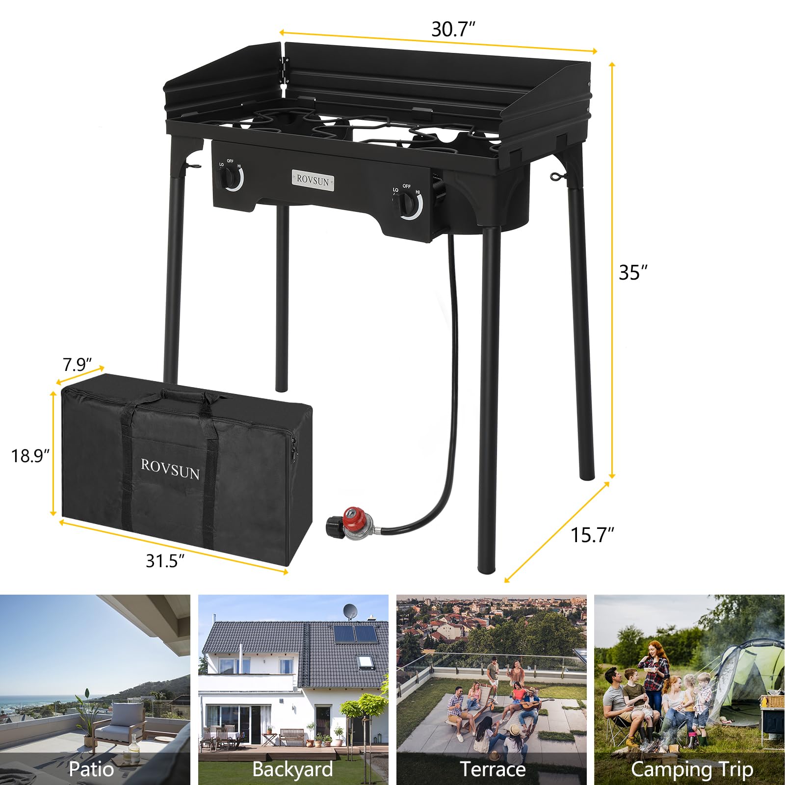 Rovsun 2 Burner Outdoor Propane Gas Stove With Windpanel, Carrying Bag & Regulator, 150,000 Btu Stand Cooker For Backyard Cookin