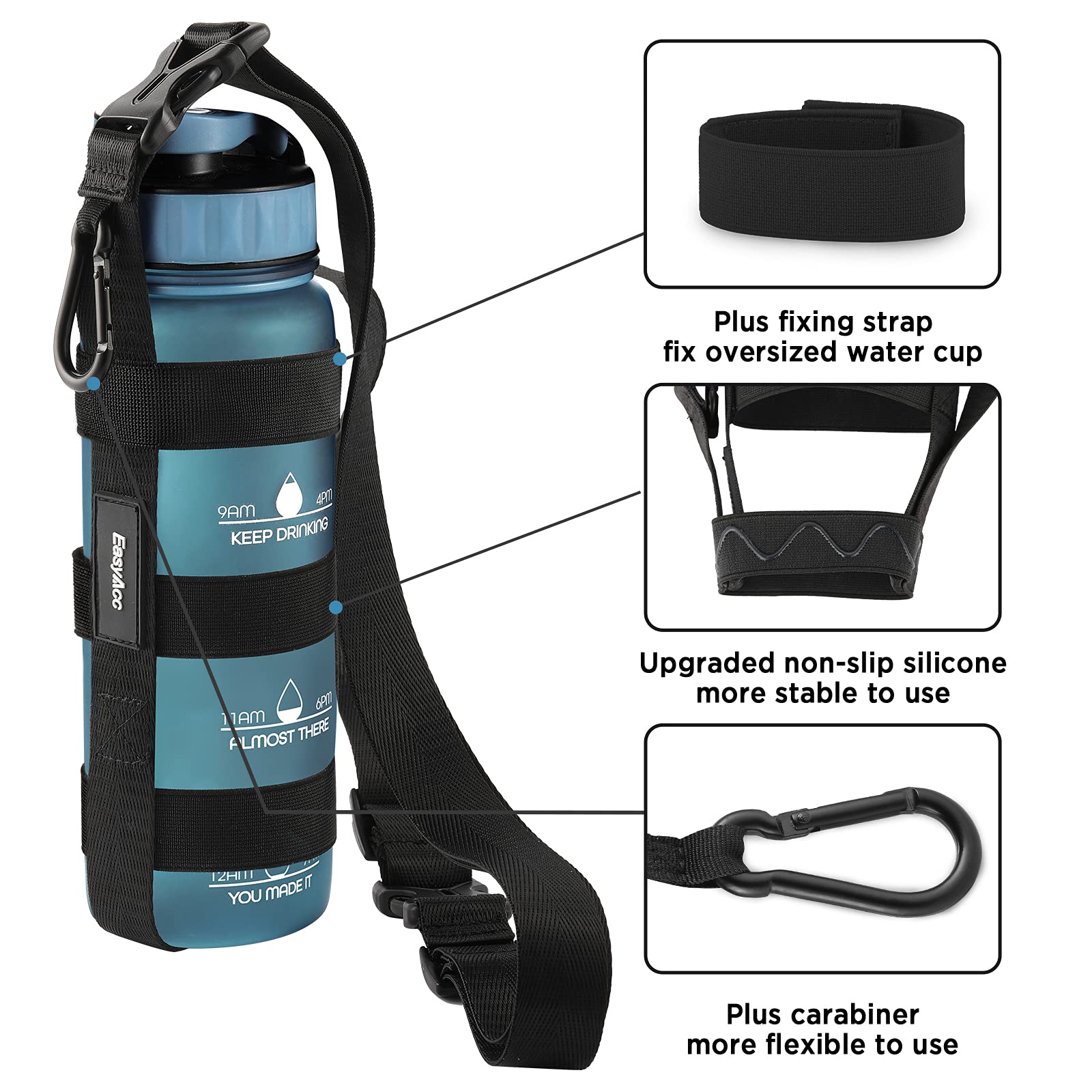 Easyacc Water Bottle Handle Shoulder Strap, For 12Oz - 64 Oz Hydro Flask Wide Mouth And Universal Water Bottles, With Carabiner,