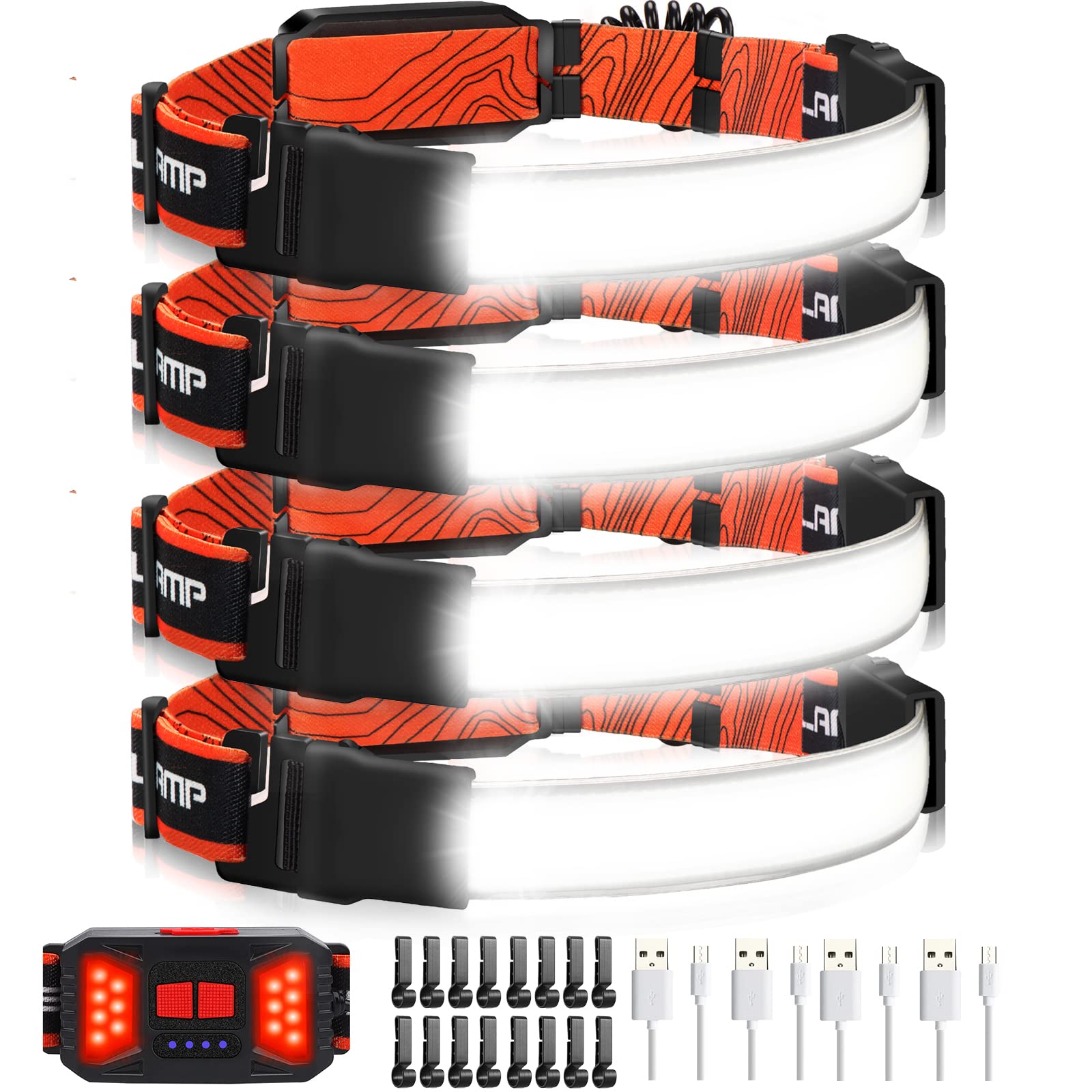 Adelante LED Headlamp Flashlight, 4Pack 1000LM 230Wide-Beam Rechargeable Head Lamp for Adults, Red Taillight & 16 Clips Waterpro