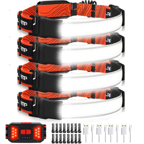 Adelante LED Headlamp Flashlight, 4Pack 1000LM 230Wide-Beam Rechargeable Head Lamp for Adults, Red Taillight & 16 Clips Waterpro