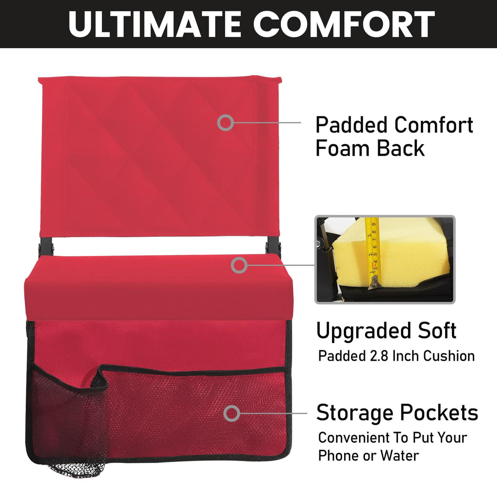 Sheenive Red Stadium Seats For Bleachers With Back Support, Padded Soft Comfy Backs And Cushion, Extremely Large And Portable