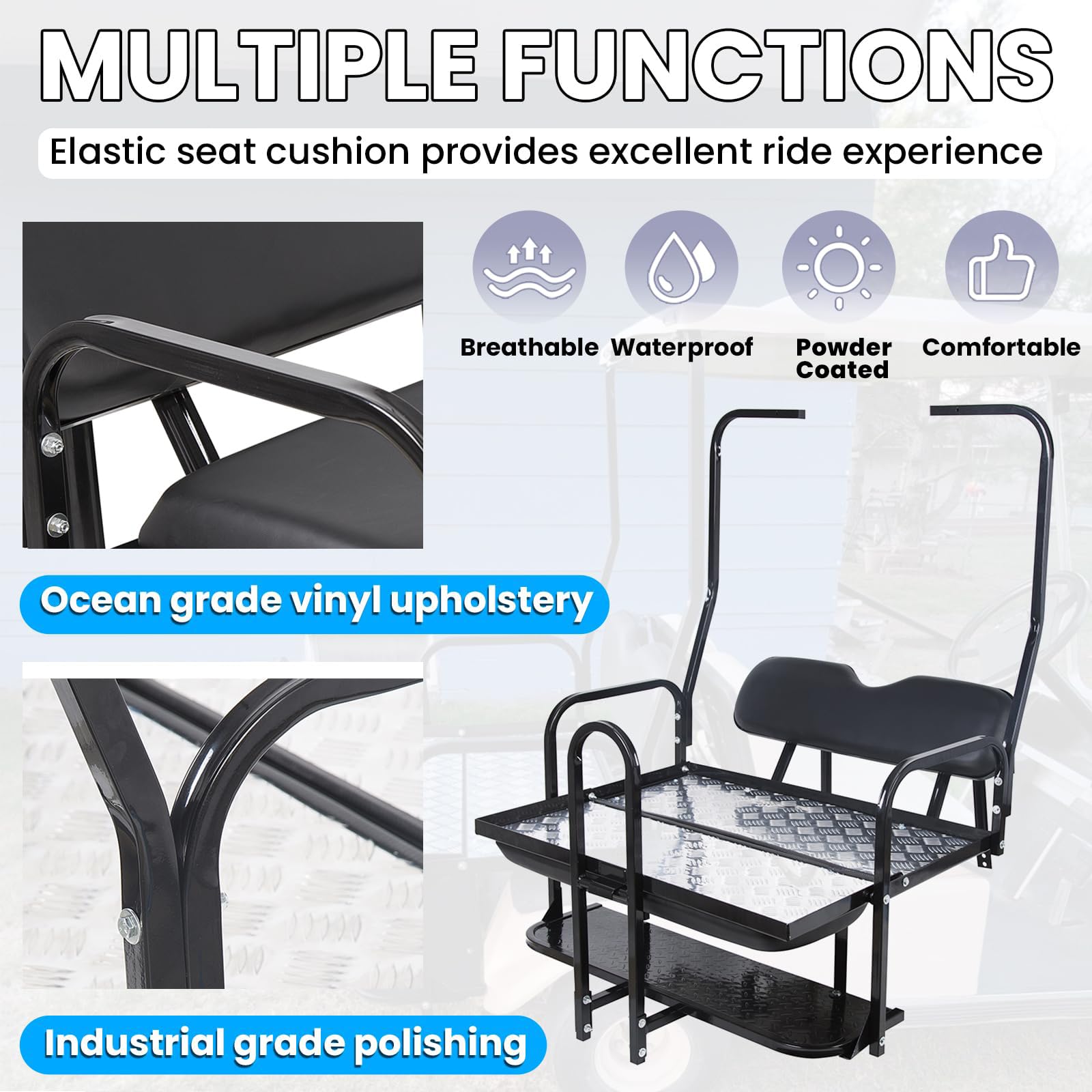 Kuafu Black Rear Flip Back Seat Compatible With 1982-2000.5 Club Car Ds Model Golf Cart 1102 Lbs Weight Capacity Heavy Duty Stee