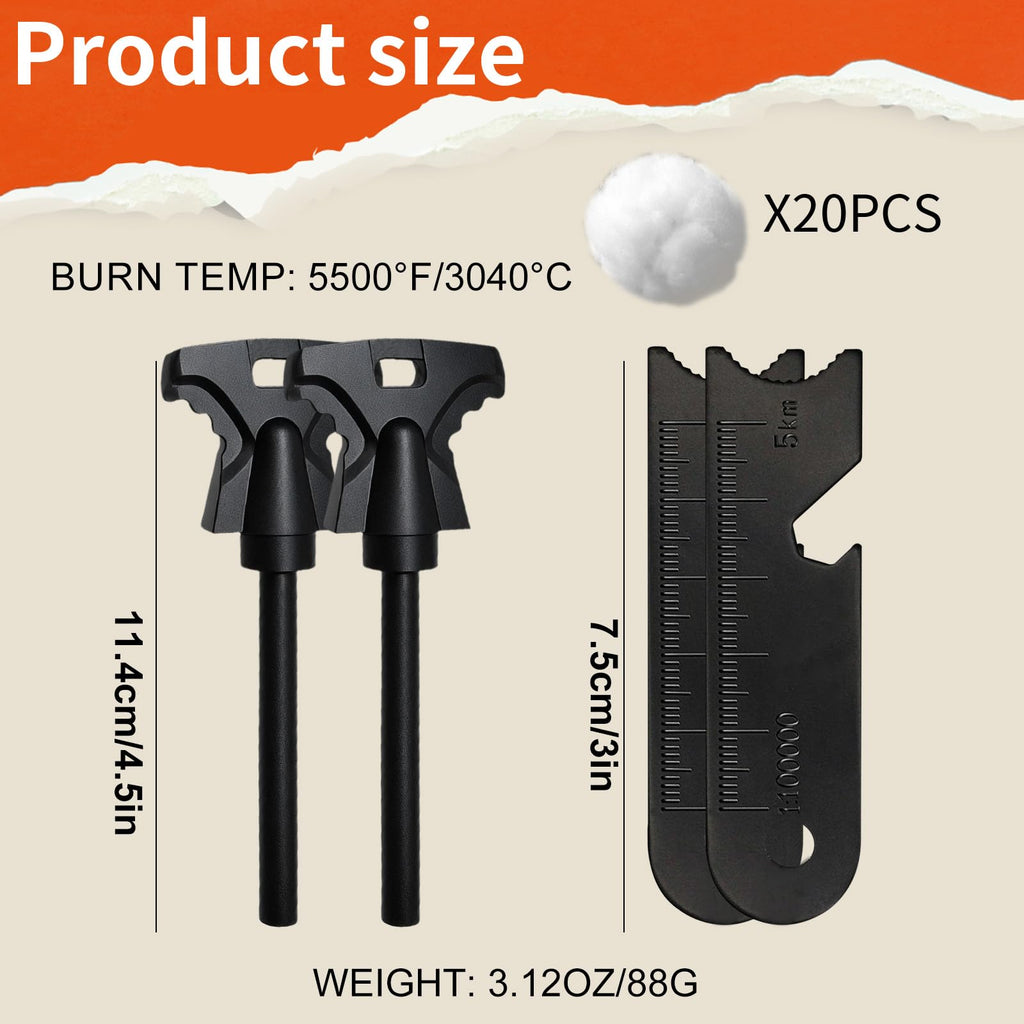 Hopkase 2Pcs Magnesium Fire Starter With Striker, High Temp Magnesium Rod, Ferro Rod Fire Starter Survival Tool With 20Pack Wate
