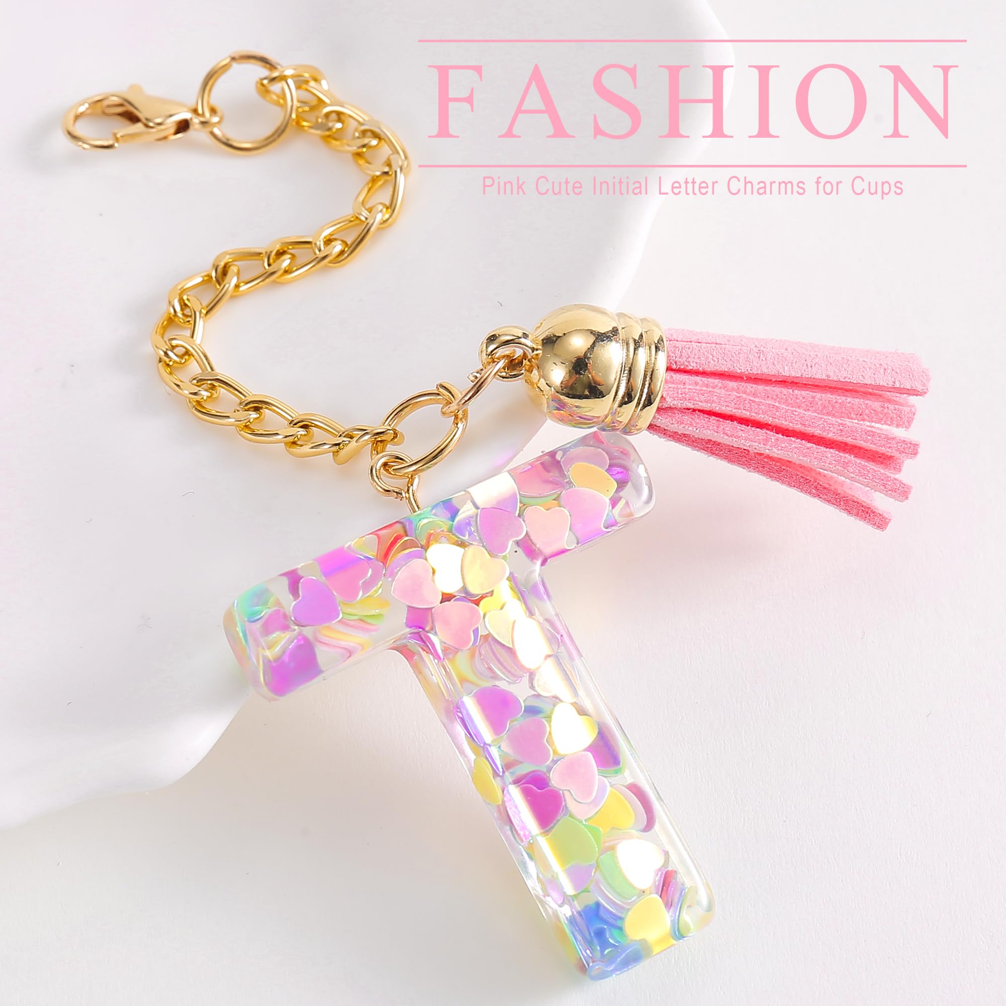 Letter Charm Accessories for Stanley Cup 1 PCS Cute Initial Keychain Handle Charm for Stanley Tumbler for Women Pink Letter T