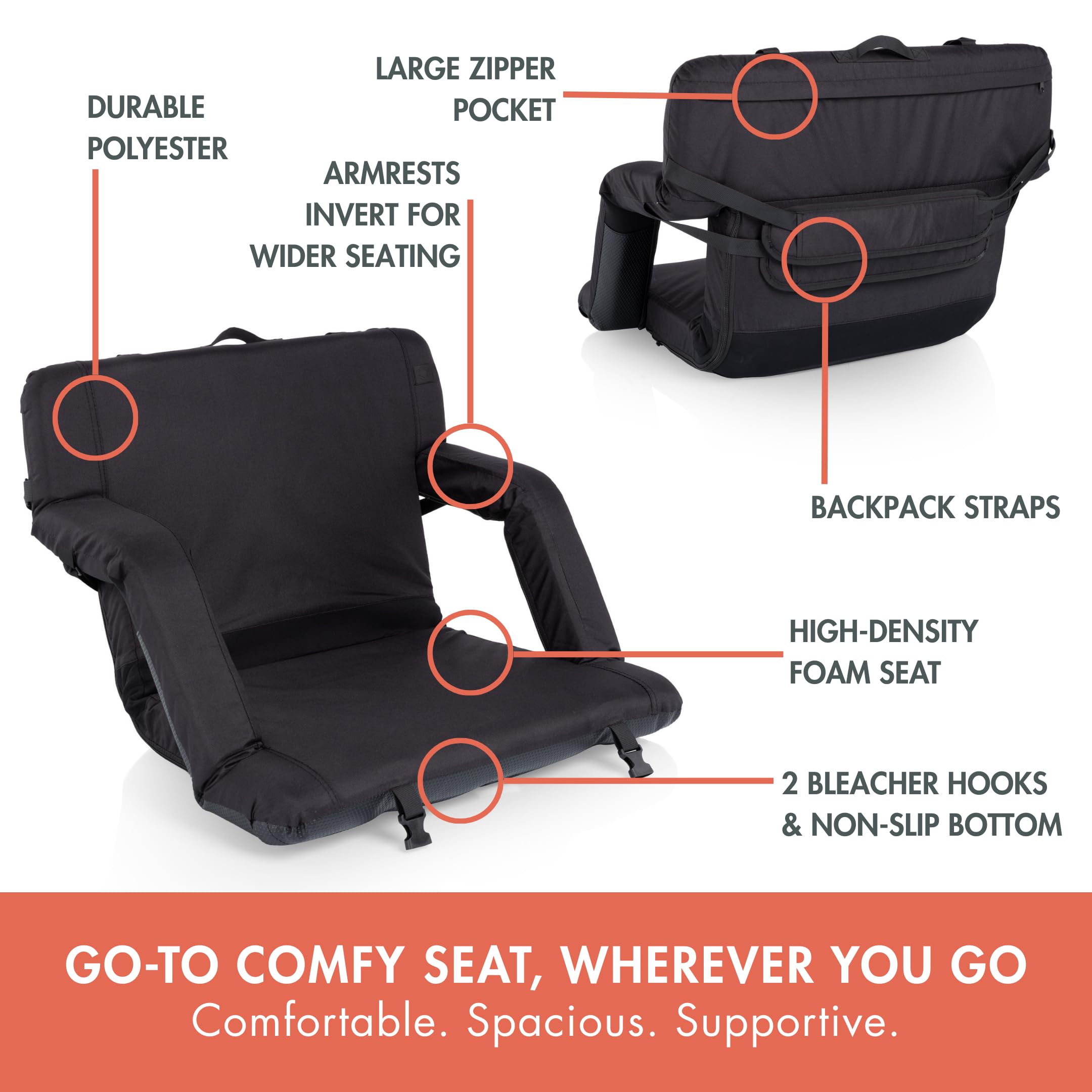 PICNIC TIME Ventura XL Portable Reclining Stadium Seat with Back Support, Folding Bleacher Chairs with Back and Cushion, Thick P