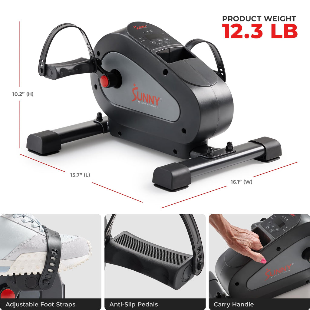Sunny Health & Fitness Smart Motorized Mini Exercise Bike, Dual Function Portable Under-Desk Pedal Trainer for Low-Impact Cardio