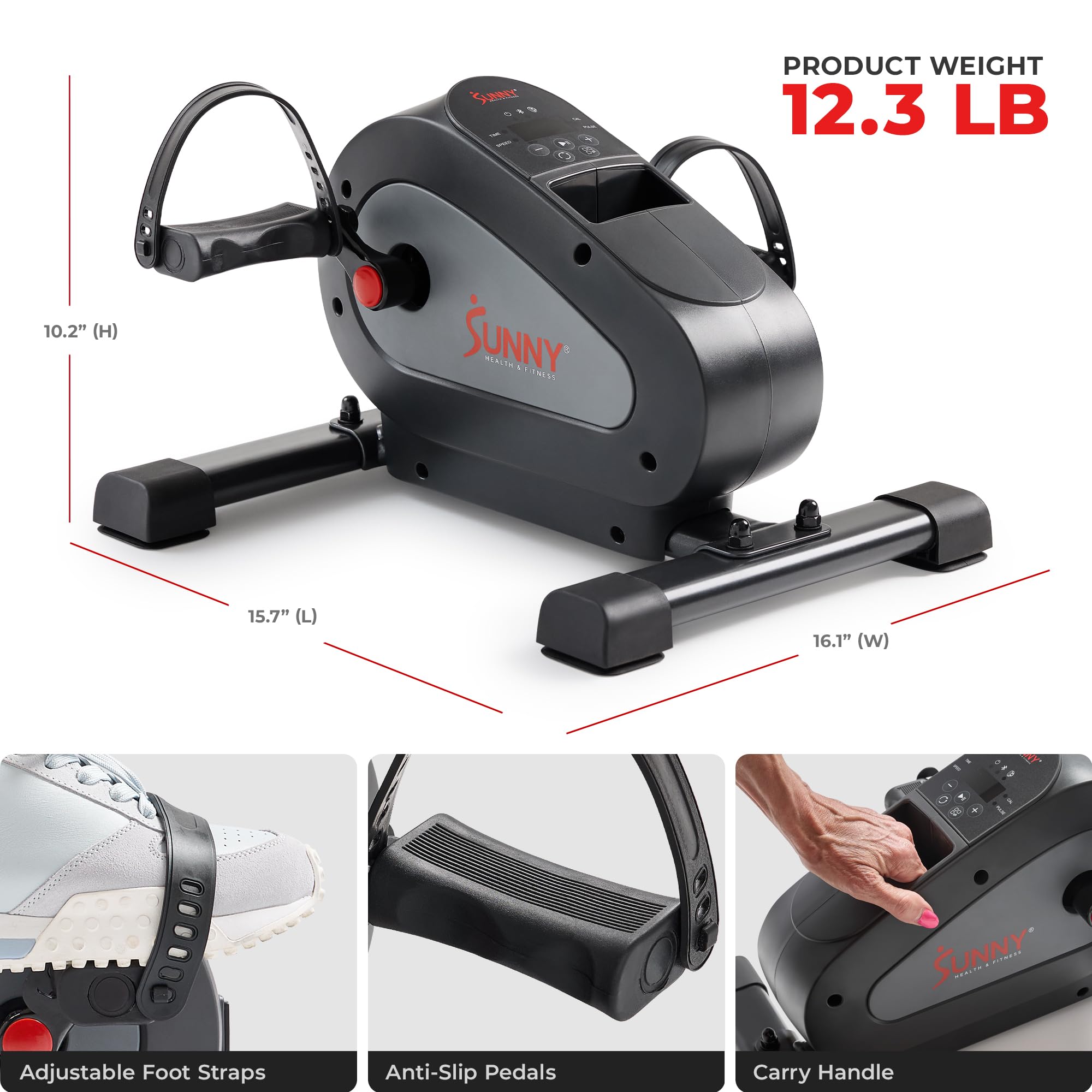 Sunny Health & Fitness Smart Motorized Mini Exercise Bike, Dual Function Portable Under-Desk Pedal Trainer for Low-Impact Cardio