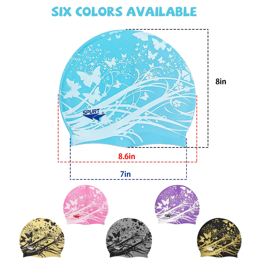 Moolecole Soft Waterproof Silicone Swim Cap Girls Summer Pool Sea Swimming Cap Bathing Haircare Hat Long Hair Purple Butterfly