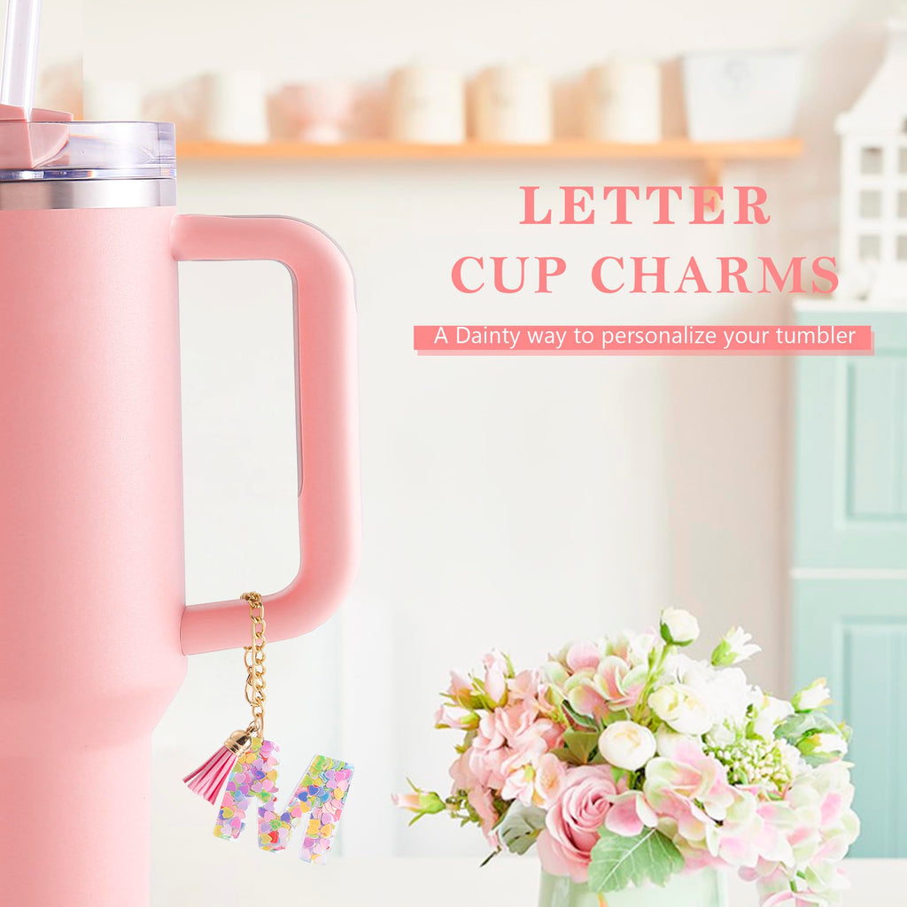 Letter Charm Accessories for Stanley Cup 1 PCS Cute Initial Keychain Handle Charm for Stanley Tumbler for Women Pink Letter M