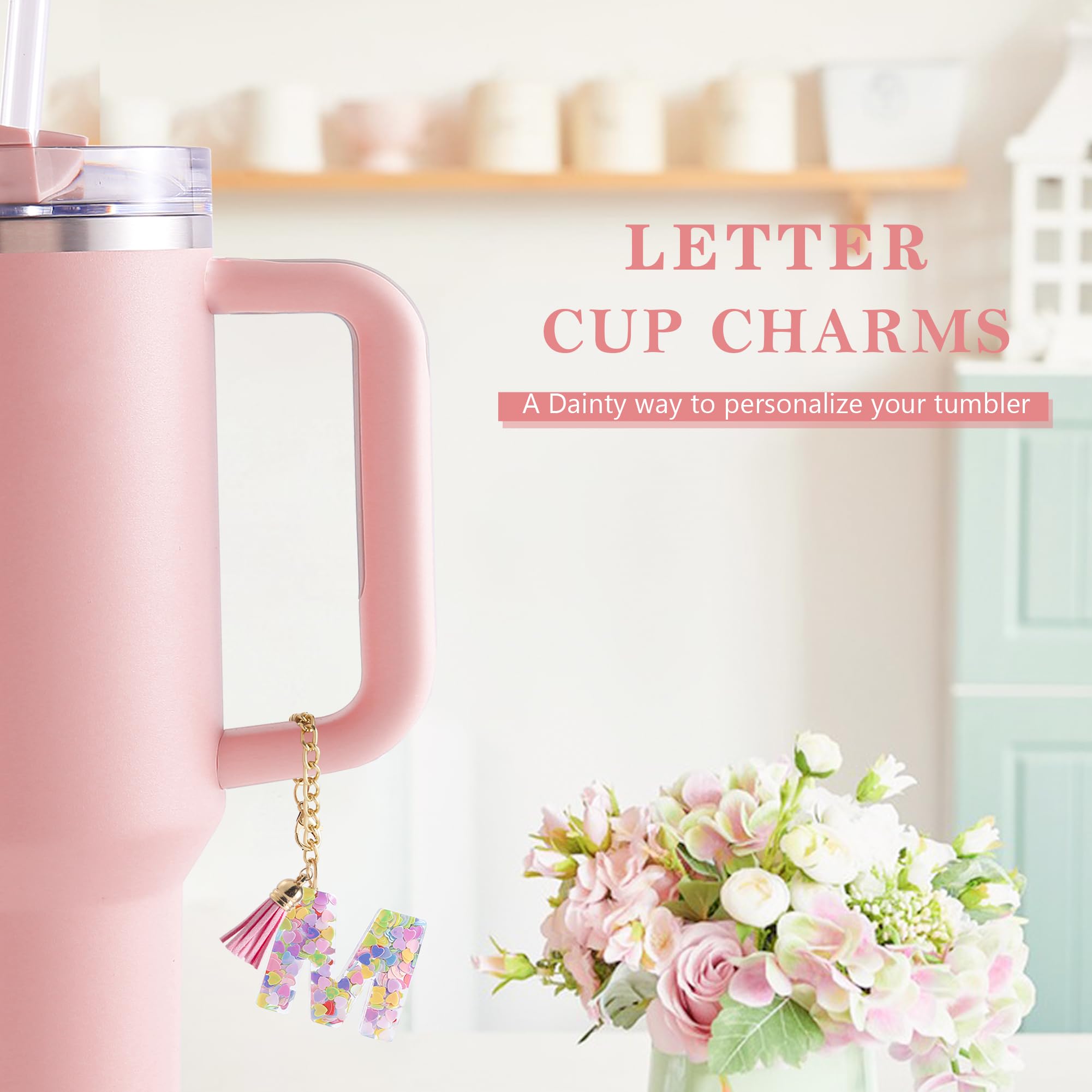 Letter Charm Accessories for Stanley Cup 1 PCS Cute Initial Keychain Handle Charm for Stanley Tumbler for Women Pink Letter M