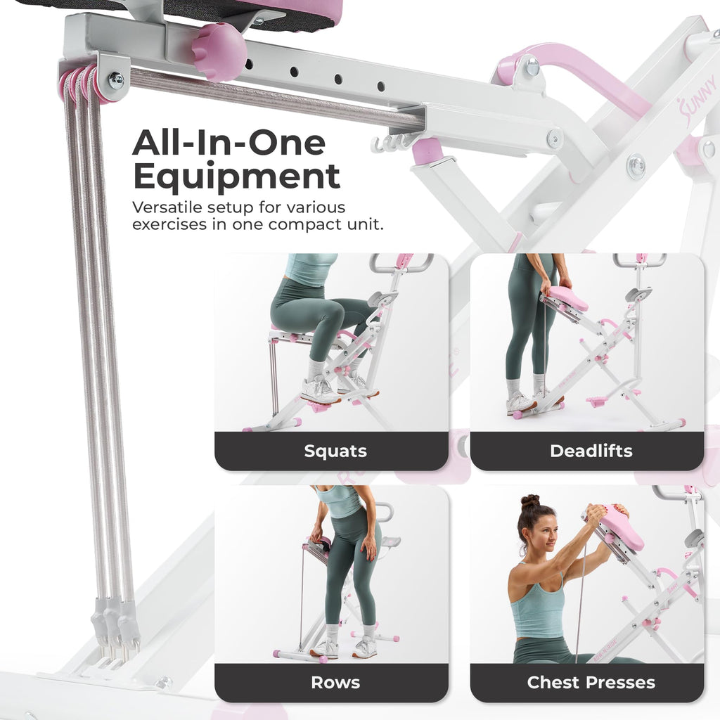 Sunny Health & Fitness Pink Row-N-Ride Plus, Squat Assist Trainer for Glutes and Full Body Workout, 330 LB Capacity, Adjustable