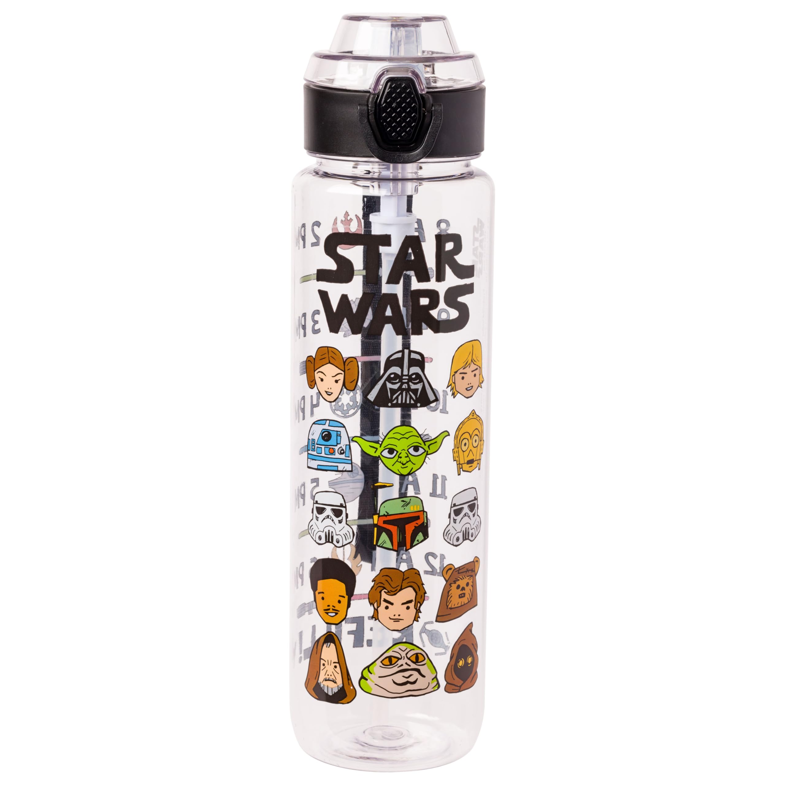 Silver Buffalo Star Wars Cartoon Characters Plastic Water Bottle with Locking Lid and Strap, 33 Ounces