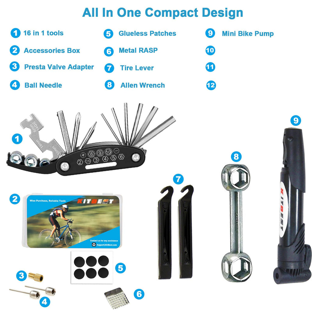 Bike Repair Bag & Bicycle Tire Pump, Tire Puncture Repair Kit, Bike Multi Tool Set, Maintain Bike Repair Tool Kit Portable Bike