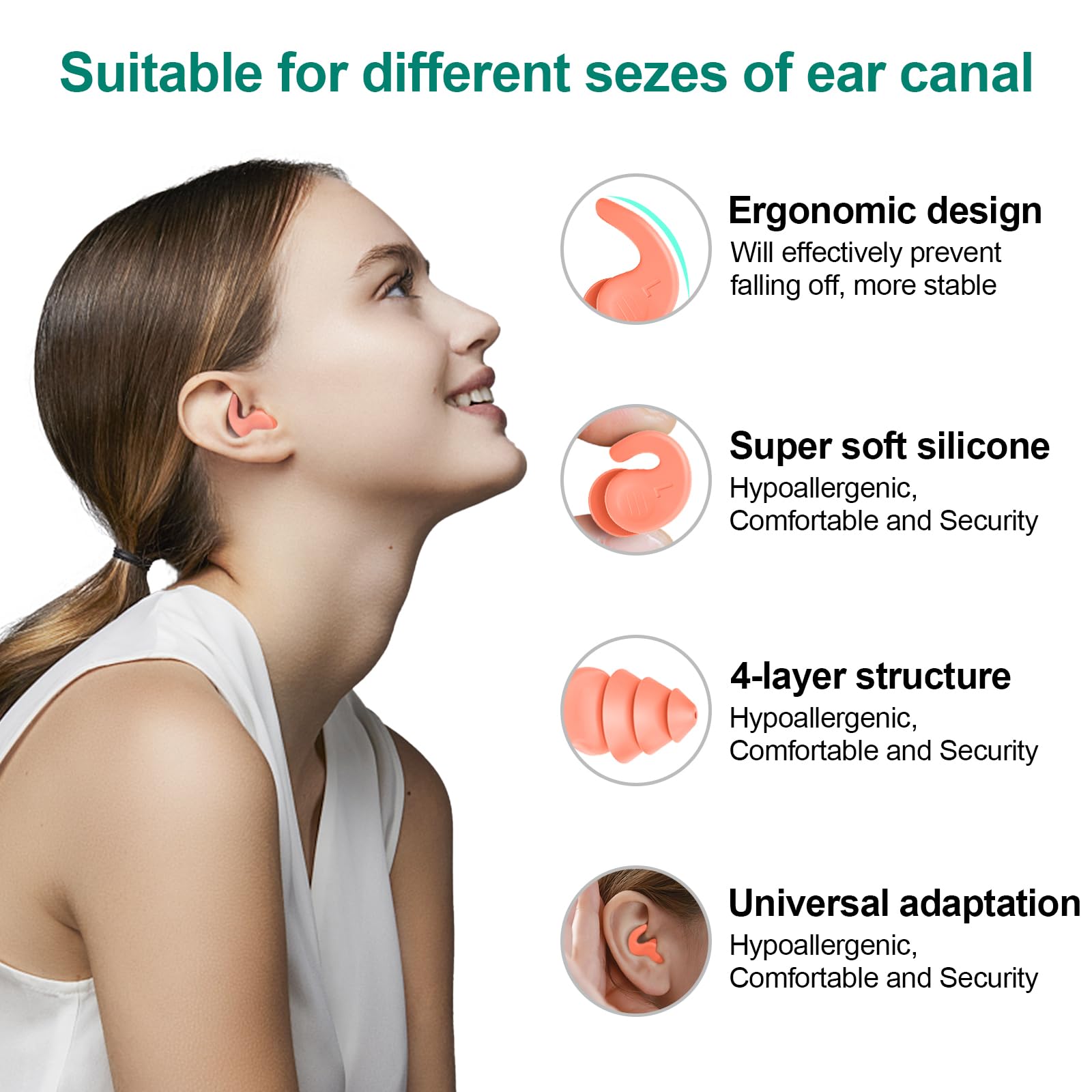 Swimming Ear Plugs for Adults,3 Pairs Waterproof Reusable Silicone Swim Earplugs for Swimming Surfing Snorkeling Showering and W