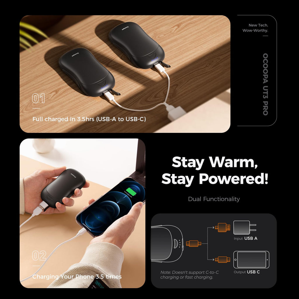 Ocoopa Hand Warmers Rechargeable 2 Pack, Magnetic Double-Sided Heating Electric Hand Warmers 10000Mah, Up To 14 Hours, 4 Heat Le