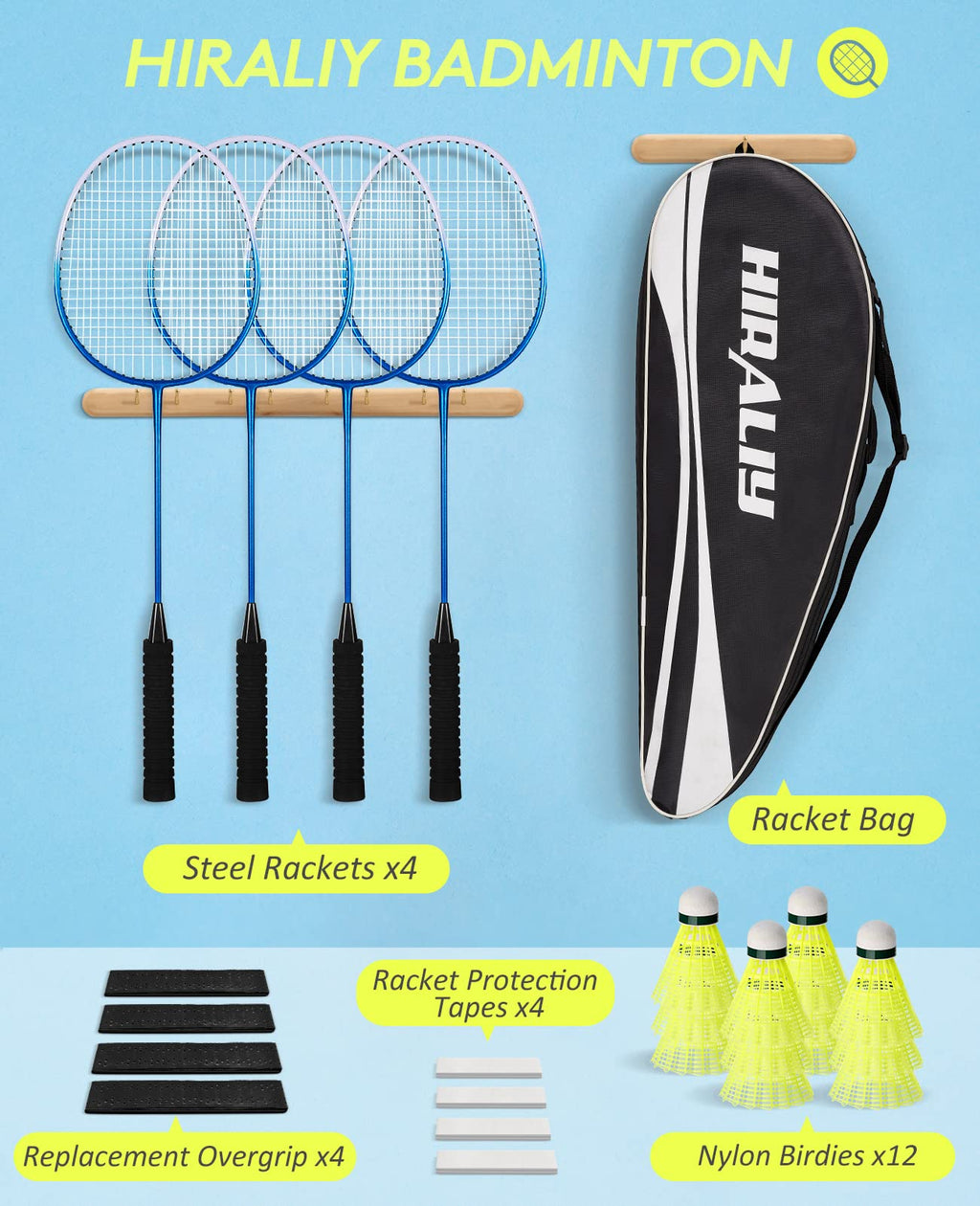 Hiraliy Badminton Rackets Set Of 4 For Outdoor Backyard Games, Including 4 Rackets, 12 Nylon Shuttlecocks, 4 Replacement Grip Ta