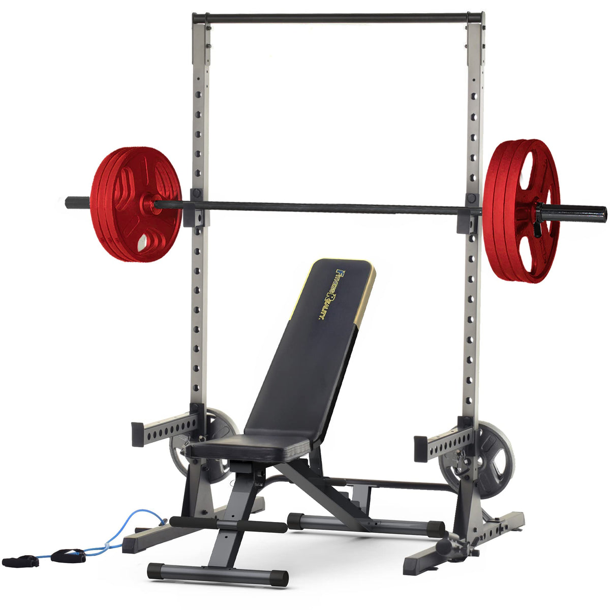 Fitness Reality MultiFunction Adjustable Power Rack Squat Stand with The 1000 Super Max Bench