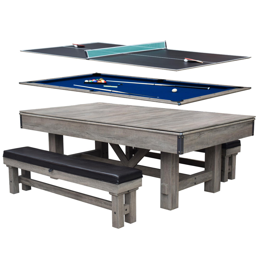 Hathaway Logan 7-Ft Pool Table Combo Set With Benches - Rustic Gray With Blue Felt, Barnwood