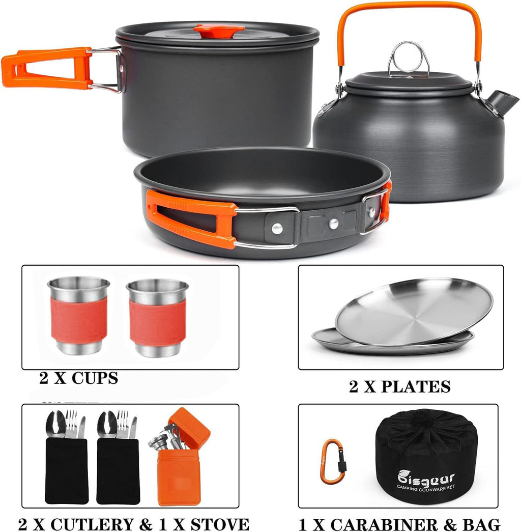 Bisgear Camping Cookware Kettle Backpacking Stove Mess Kit, Camping Pots And Pans Set With Cups Plates Utensils, Camping Kitchen