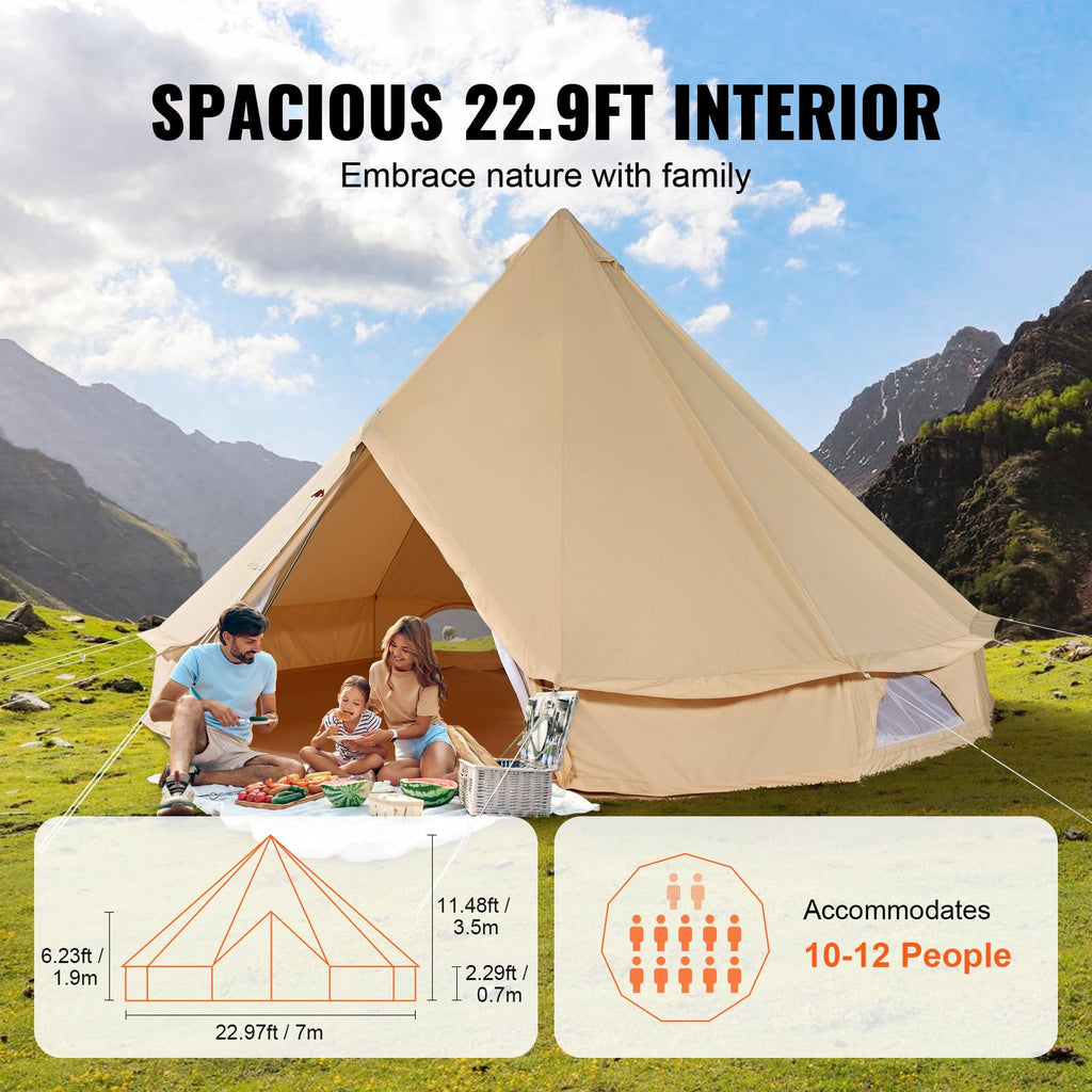 Vevor Canvas Bell Tent, Yurt Tents 4 Seasons 7 M/22.97 Ft, Canvas Tents For Camping With Stove Jack Holds Up To 12 People, Famil