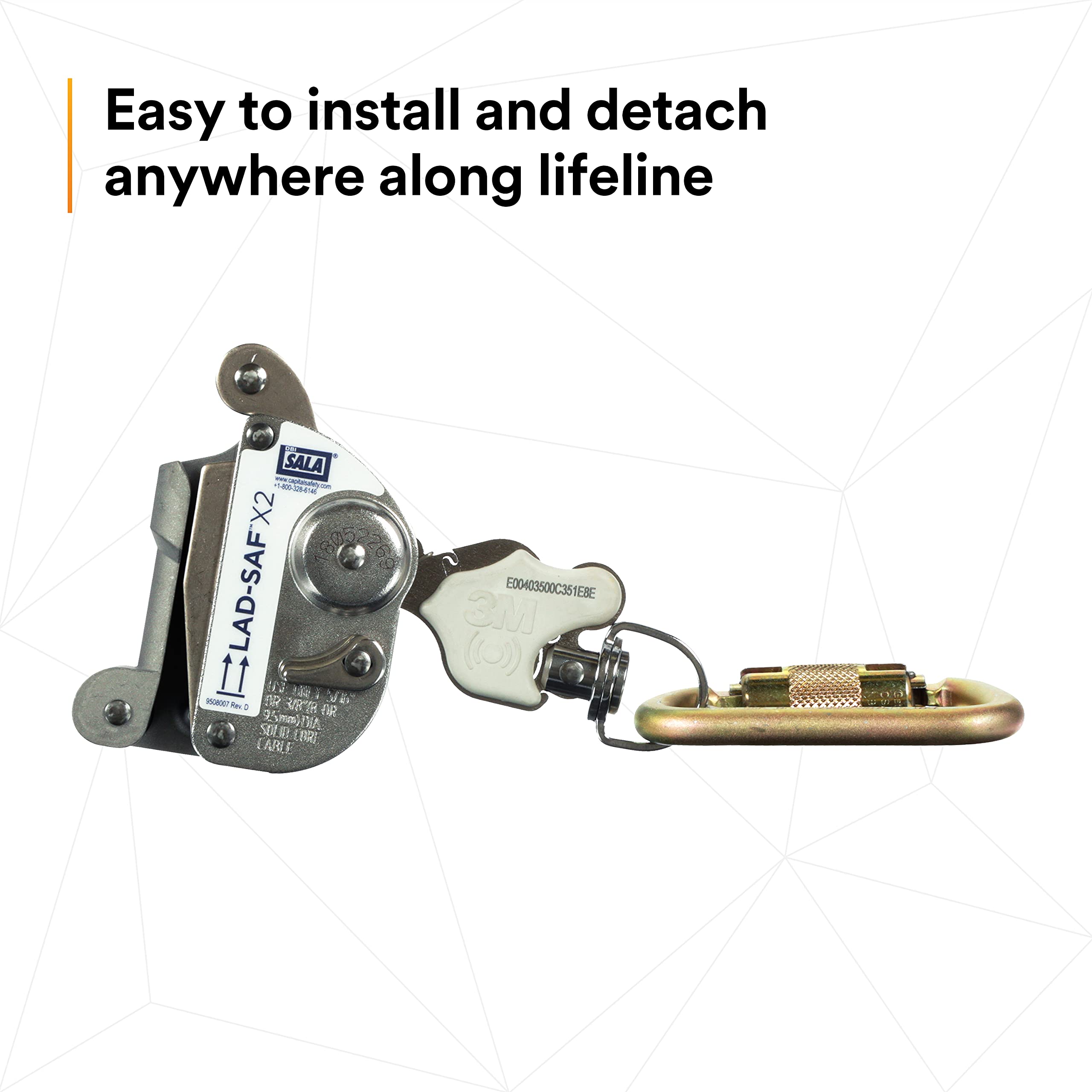 3M Dbi-Sala 6160030 Lad-Saf Sleeve With Carabiner, Cam And Inertial Locking Fits 3/8'''' And 5/16'''' Diameter, Silver
