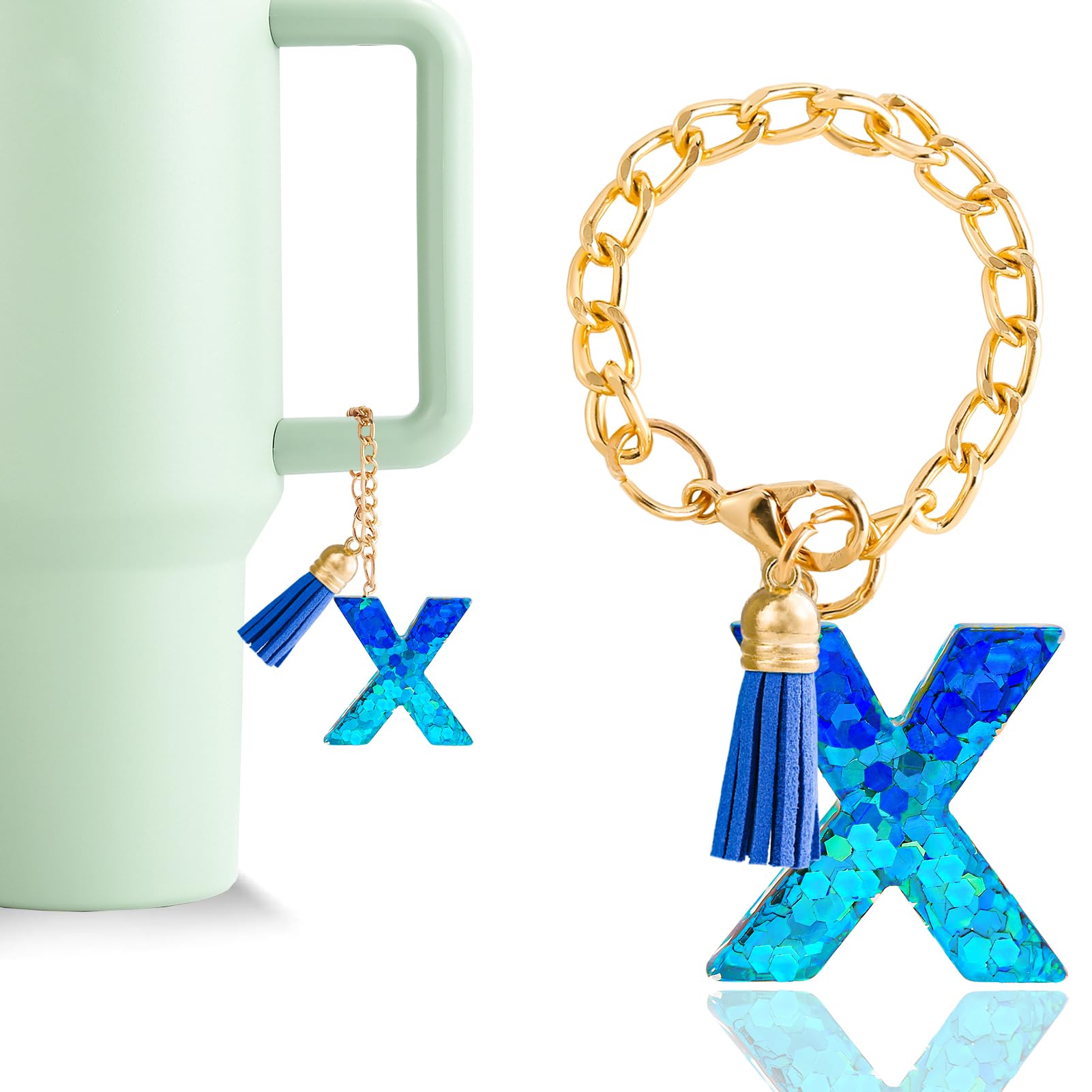 Letter Charm Accessories for Stanley Cup 1 PCS Cute Initial Keychain Handle Charm for Stanley Tumbler for Women Blue Letter X