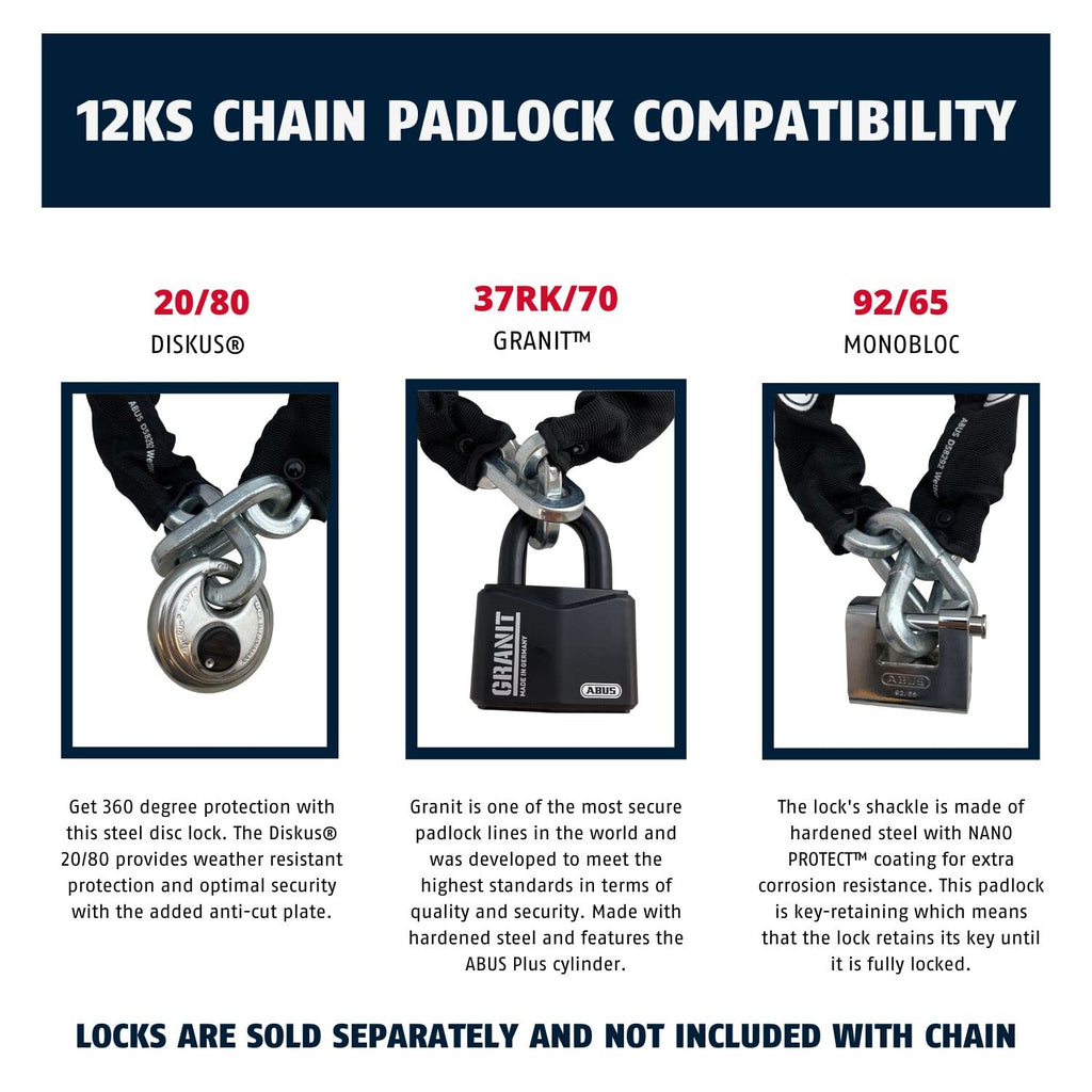 Abus Hardened Steel 12Ks 2 Foot 1/2'' Thick Square Security Chain For Bikes, Containers, Trailers, Atv'S, Motorcycles And Person
