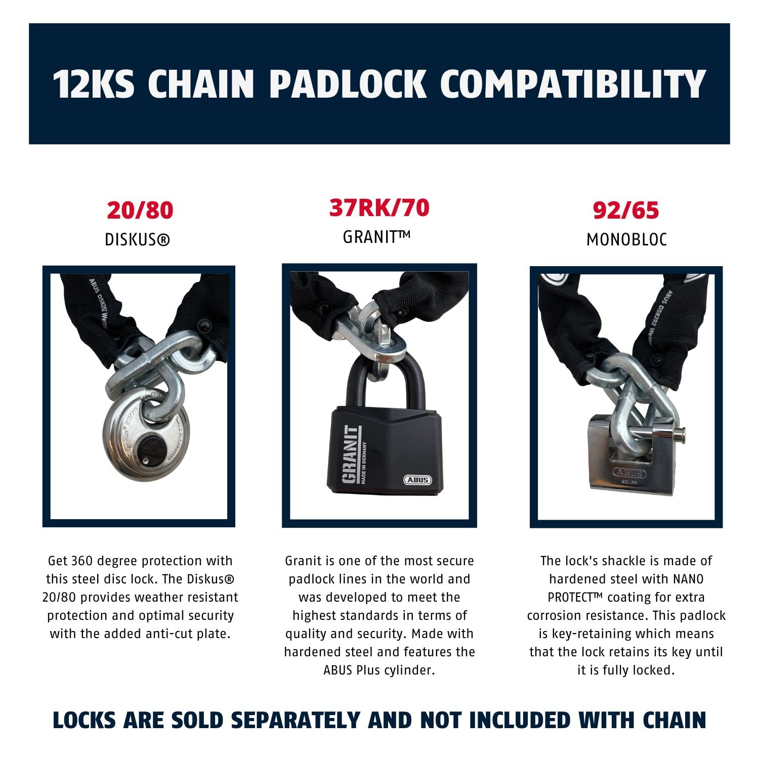 Abus Hardened Steel 12Ks 2 Foot 1/2'' Thick Square Security Chain For Bikes, Containers, Trailers, Atv'S, Motorcycles And Person