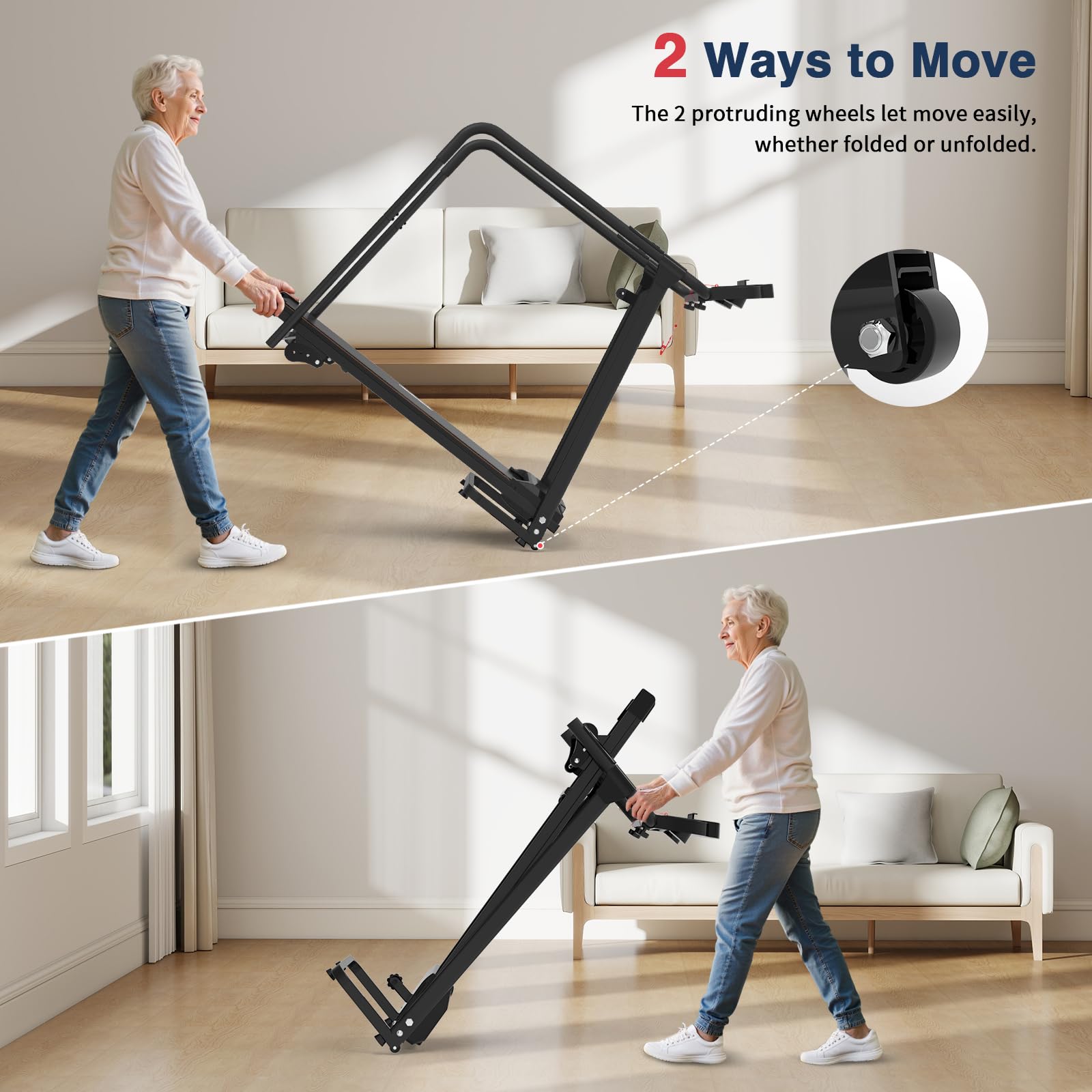 Redliro Walking Treadmill for Seniors - Foldable Senior Treadmill with 0%-2% Incline, Long Handrails - 300 lbs Capacity Home Rec