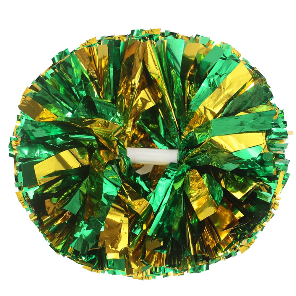 Lovecheer 2Pcs Pom Poms Cheerleading Green And Gold Metallic Cheer Pom Poms With Baton Handle For Sports Team Spirit Party Cheer