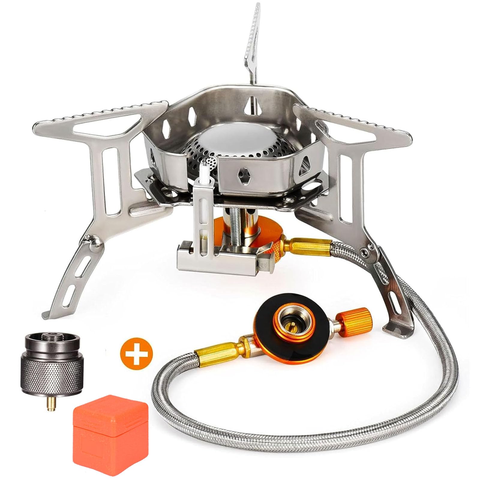 Portable Backpacking Stove With Piezo Ignition Windproof Camping Gas Stove Camp Stove Foldable Burner With Propane Canister Adap