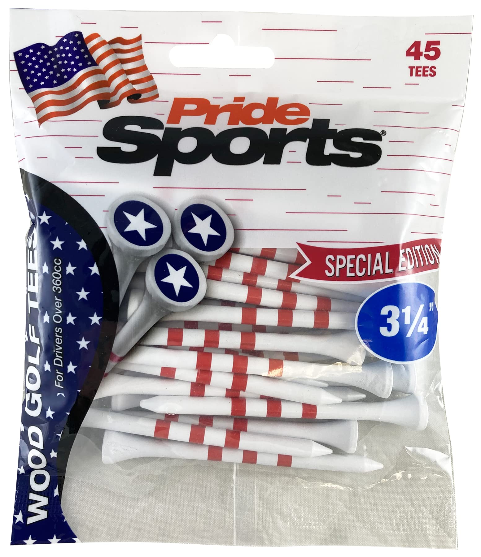 PrideSports 3-1/4 Pride Performance Wood Golf Tees - Special Edition Stars and Stripes - 45 Count - Designed for Less Friction a