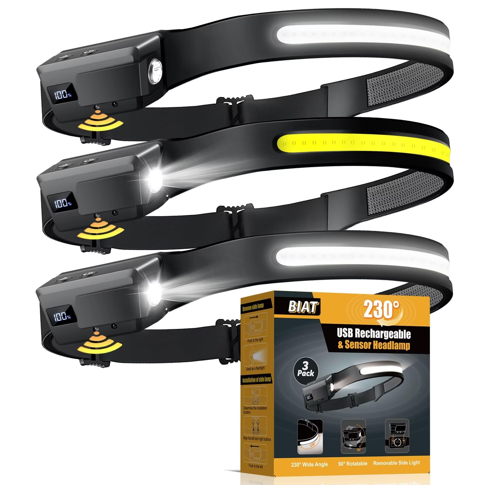 LED Headlamp Rechargeable 3PCS, 230 Wide Beam Headlight with Motion Sensor, 90 Rotation and Removable Head Lights for Forehead, 