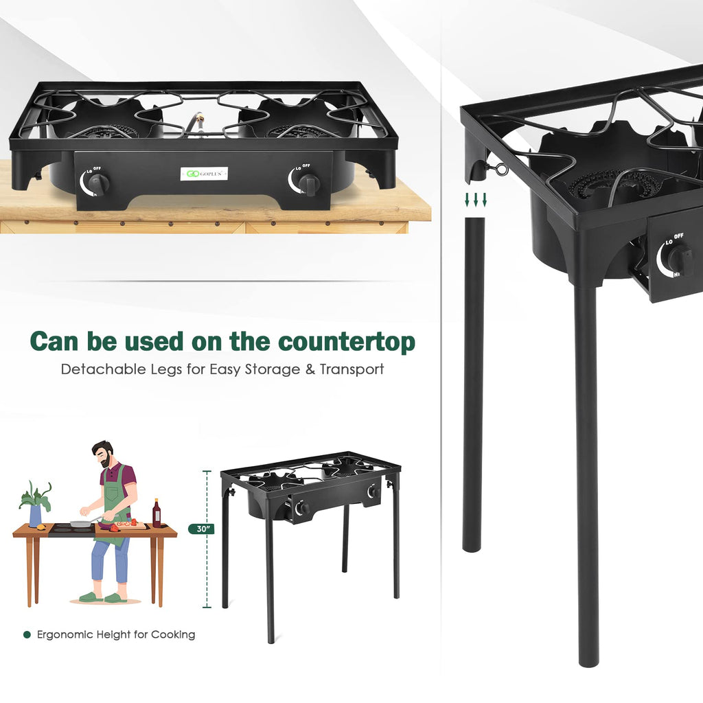 Goplus Outdoor Camping Stove, Dual Burner Propane Gas Cooker W/Detachable Legs & 0-20 Psi Regulator & Csa Approval For Camp Pait