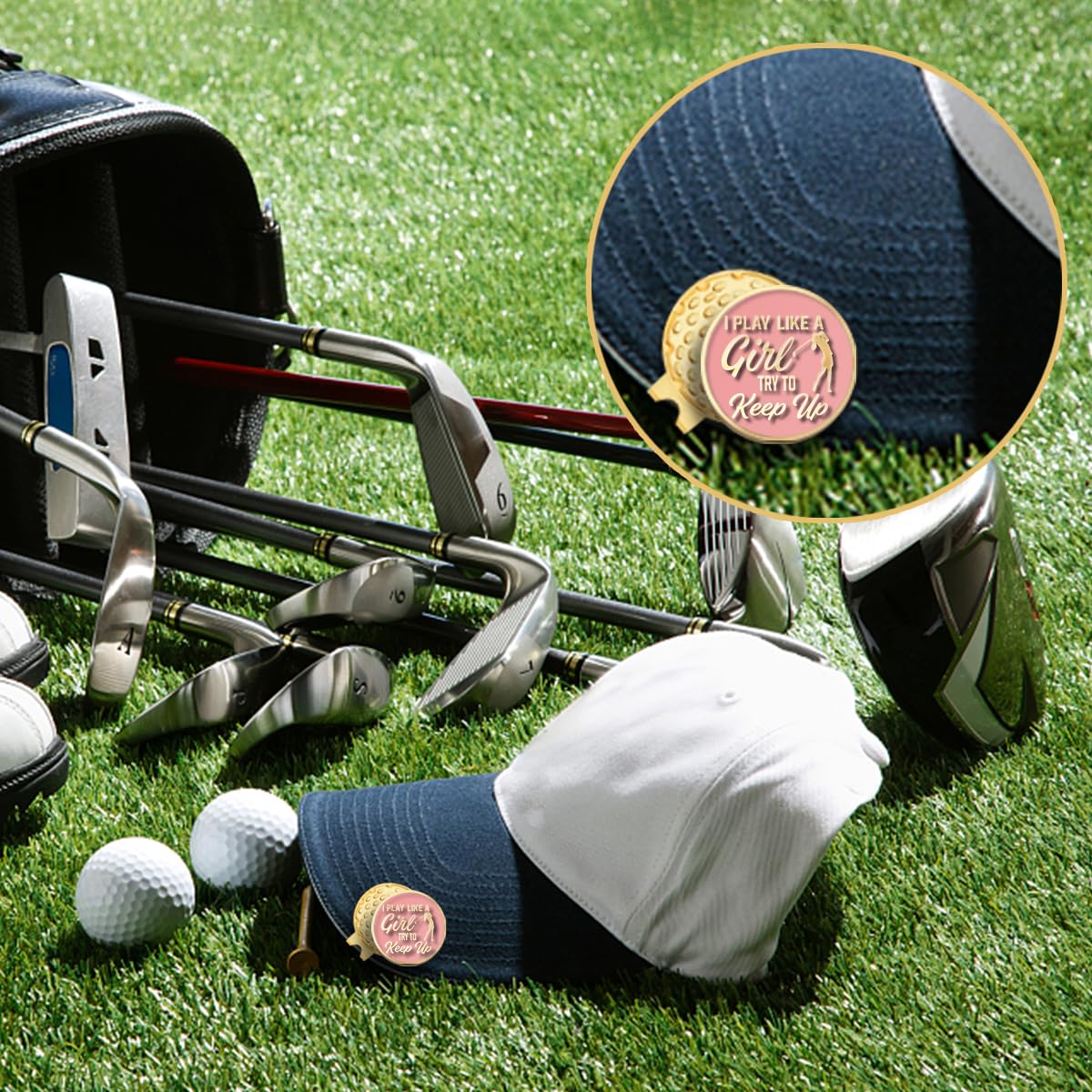 Geygie I Play Like A Girl Try To Keep Up Pink Gold Golf Ball Marker With Magnetic Hat Clip, Funny Golf Gifts And Accessories For