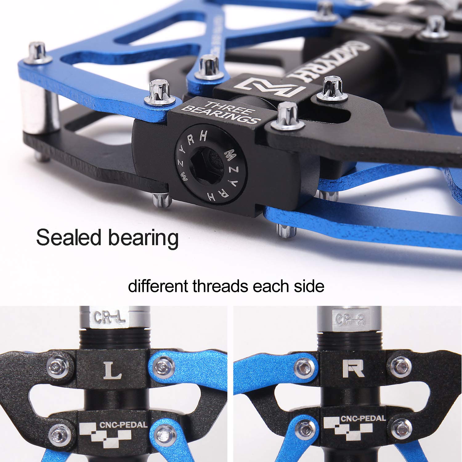 Mzyrh Mountain Bike Pedals, Ultra Strong Colorful Cnc Machined 916 Cycling Sealed 3 Bearing Pedals (Blue Black Black)