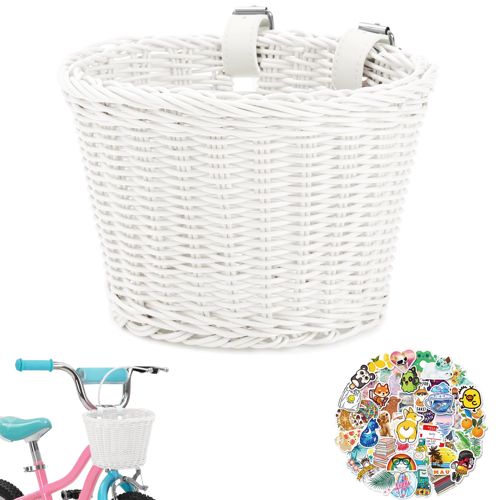 Kids Bike Basket Wicker Woven Front Bicycle Basket for Boys Girls Mini Handlebar Basket for Kids Bike or Scooter (White)
