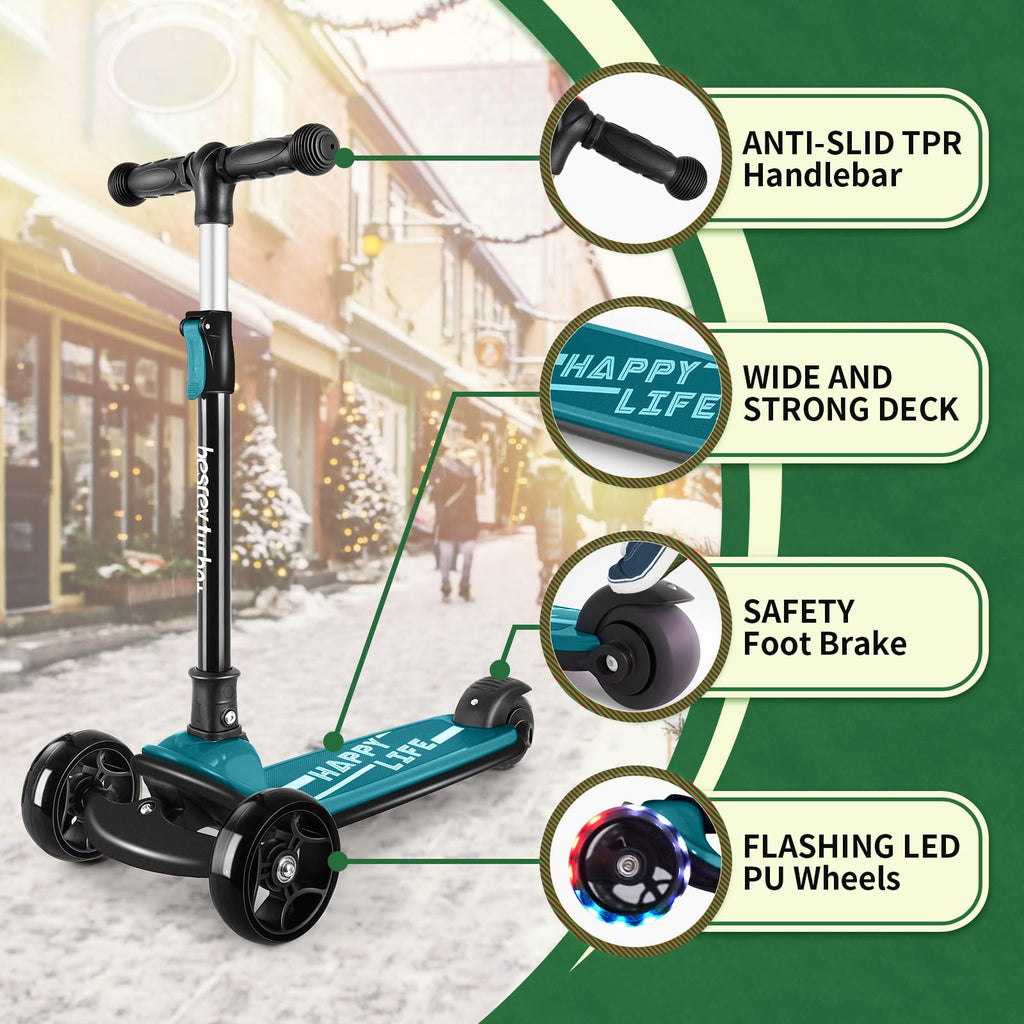 besrey Kick Scooter for Kids Ages 3-10, 3-Wheel Folding Scooter with Adjustable Height, LED Light Wheels, Extra Wide Deck for Ou