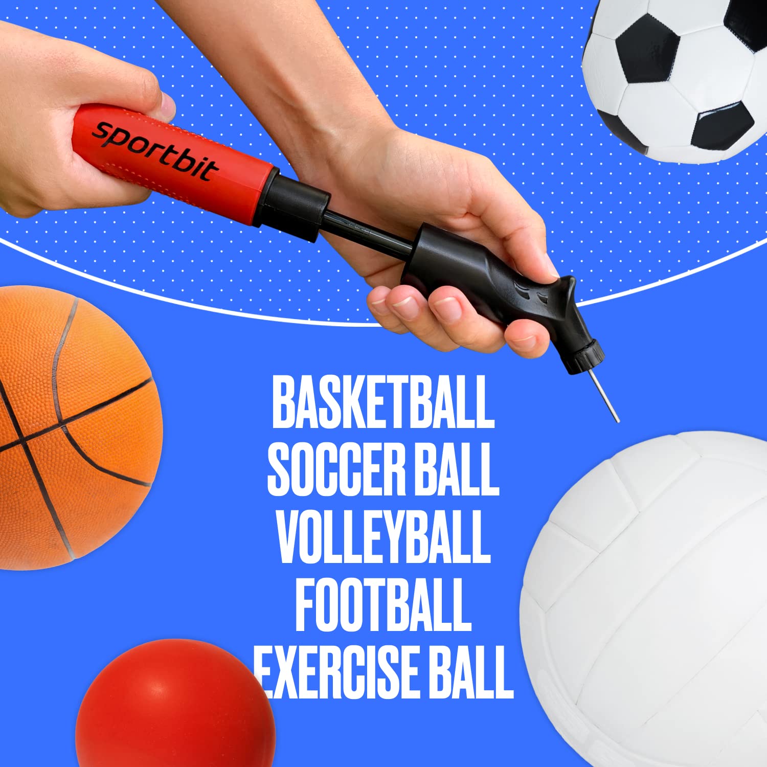 Sportbit Ball Pump For Sports Balls - Push & Pull Inflating System - Hand Pump For All Exercise Balls - Volleyball Pump, Basketb