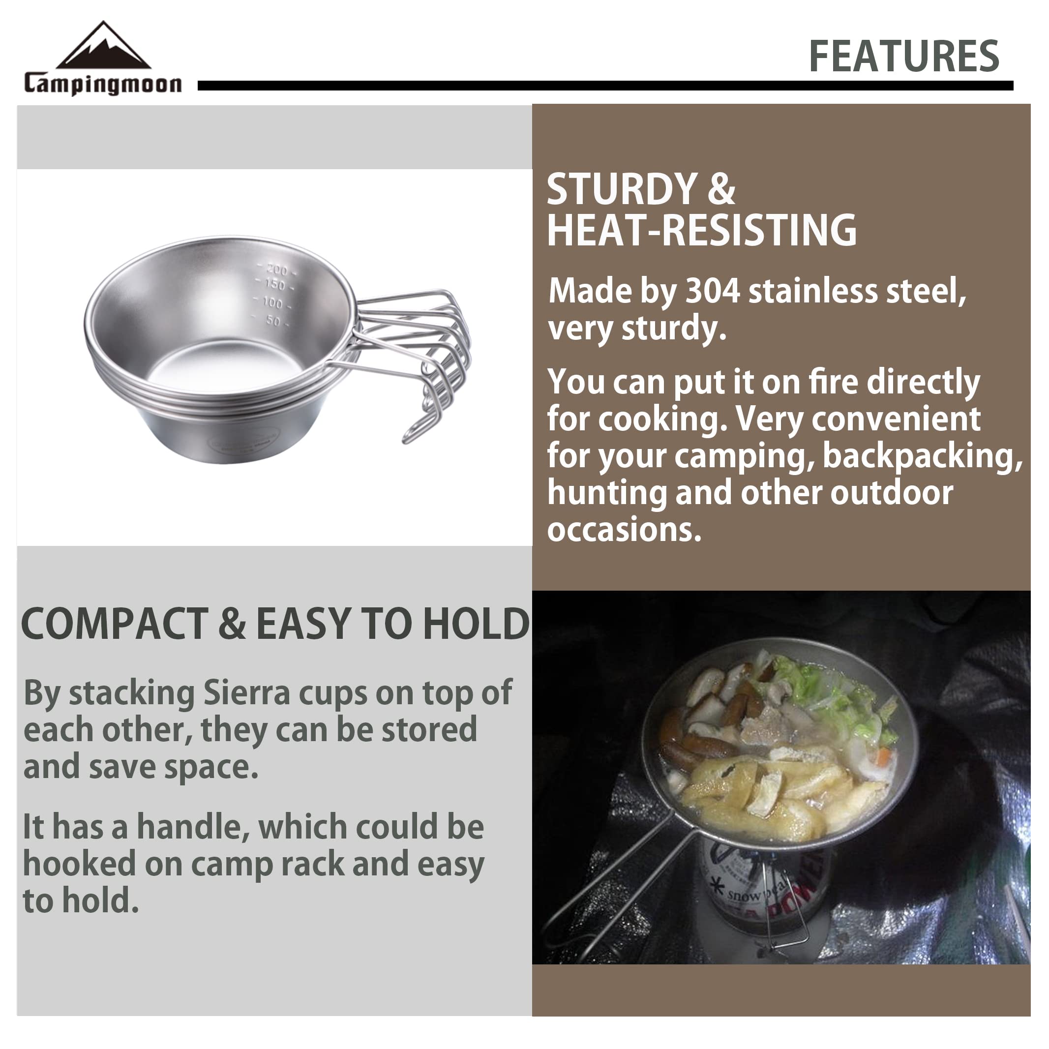 Campingmoon 4Pcs Set Stainless Steel Camping Sierra Cup 310Ml With Storage Case S220-4P+B