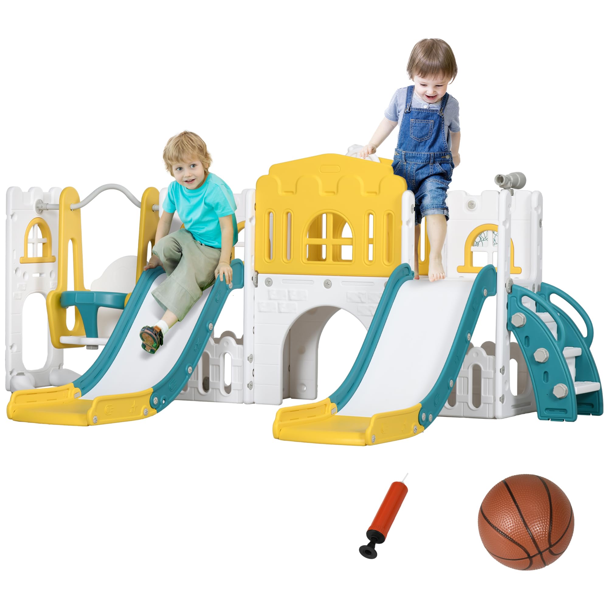 Qaba 8 in 1 Toddler Slide and Swing Set with 2 Slides, Baby Slide for Ages 1-3 with Basketball Hoop, Climber, Aisle, Steering Wh